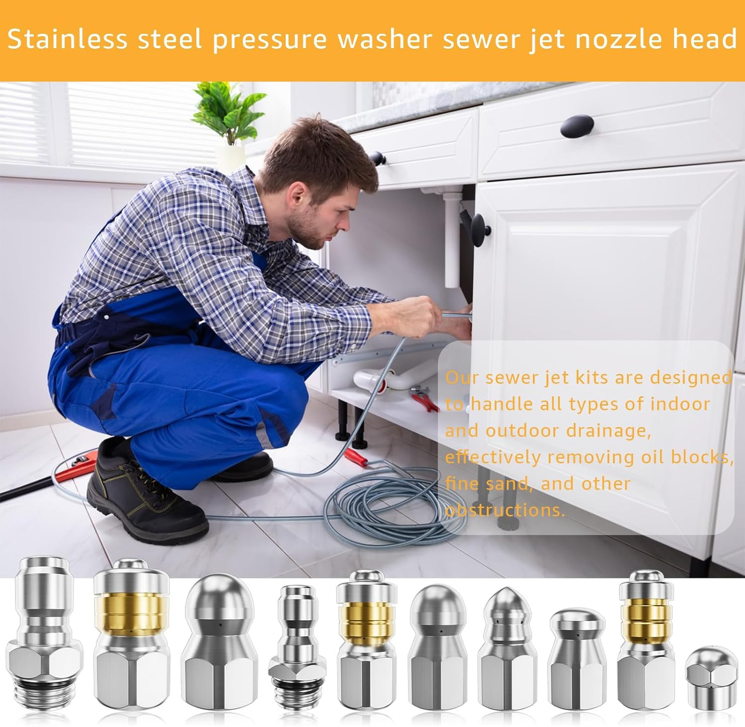 Jetter Heads Kit (Pack of 10) Jetter Nozzle Kit Rotating Button Drain Cleaning N