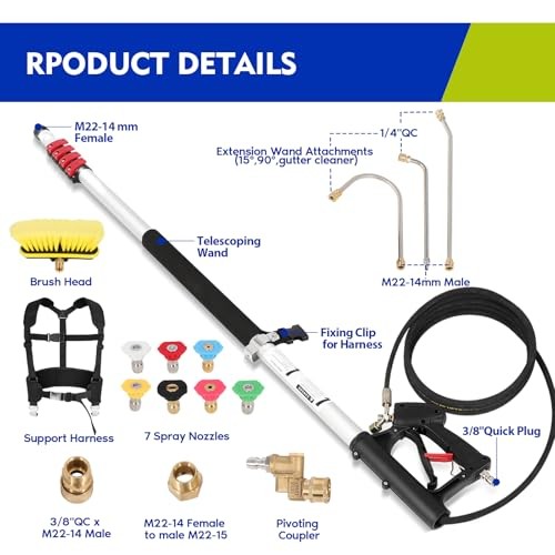 Telescoping Pressure Washer Wand 24FT, 24FT Pressure Wand with Brush Head