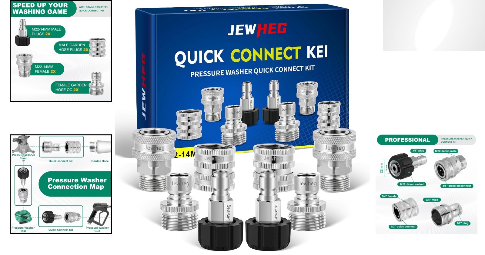 Stainless Steel 10-Piece Pressure Washer Quick Connect Set – M22 14mm & 3/8 Inch