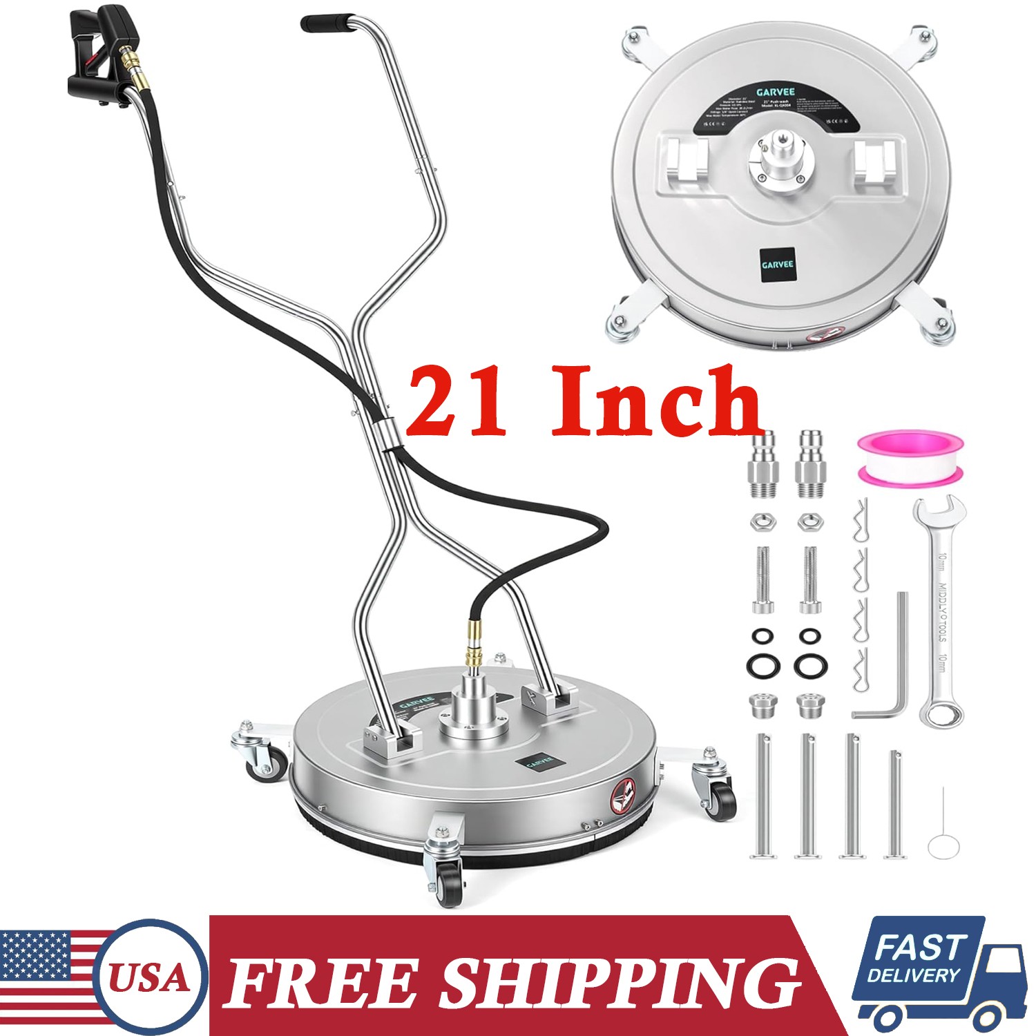 21” Pressure Washer Surface Cleaner Stainless Steel Dual Handle Surface Cleaner