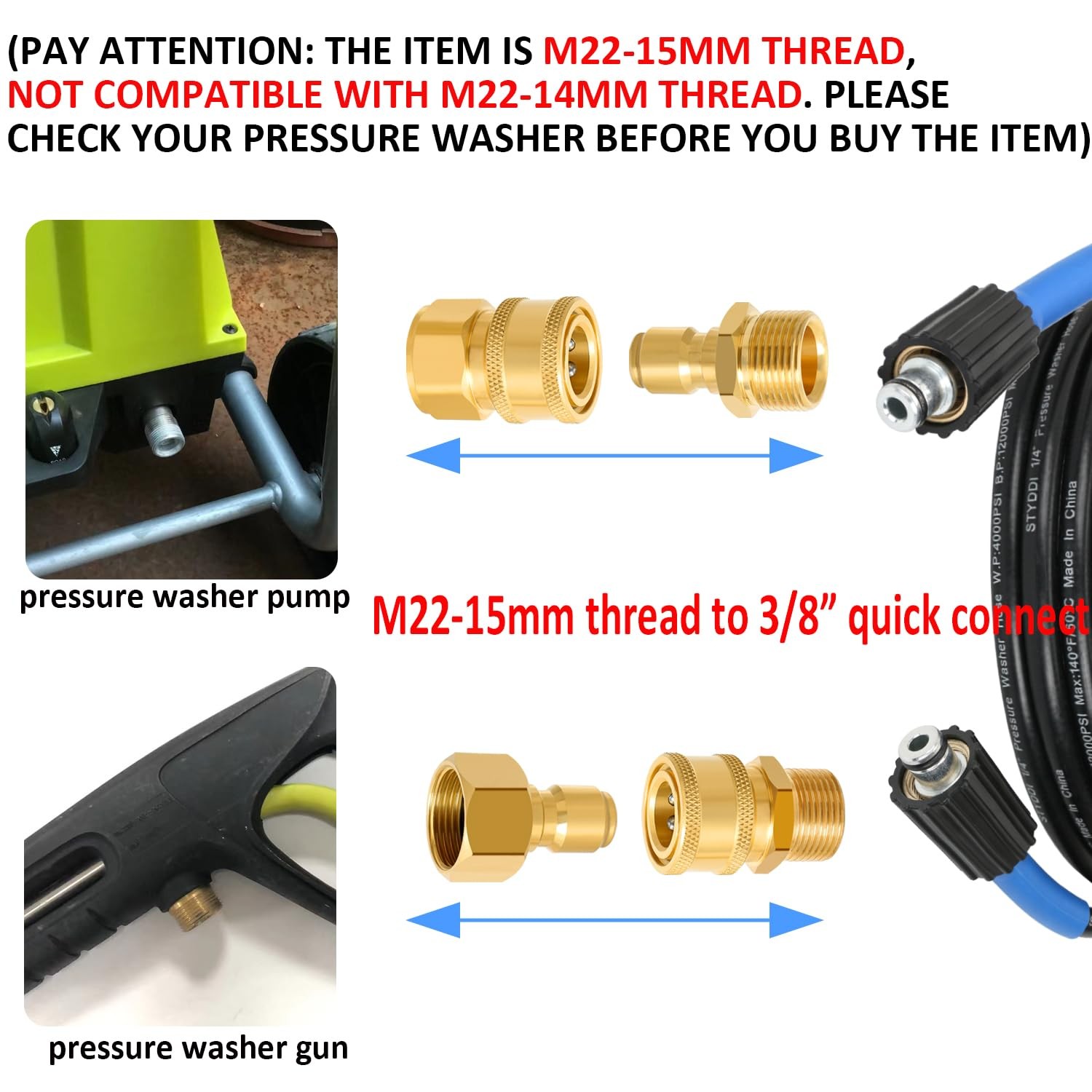 Pressure Washer M22 Quick Connect Kit for Sun Joe SPX3000, M22-15mm Threaded …