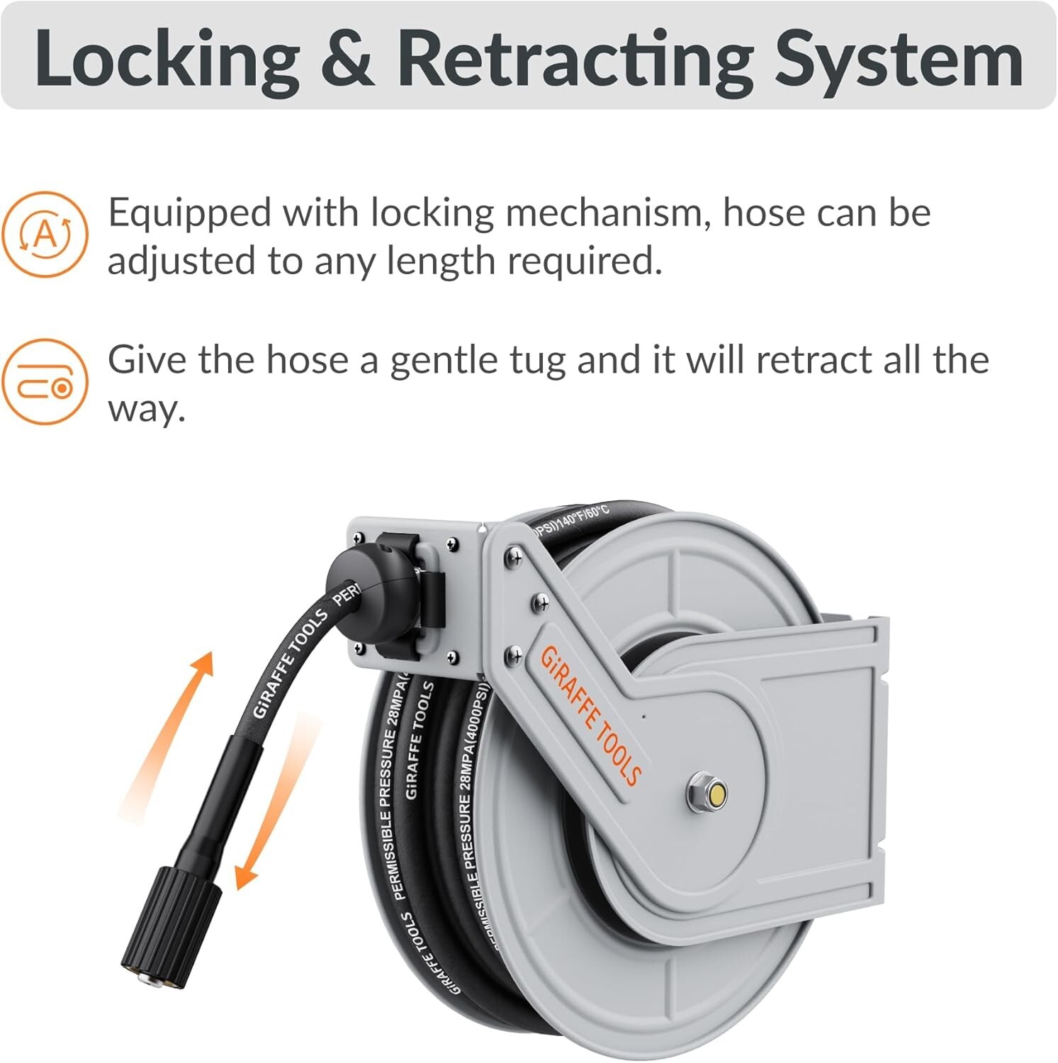 Giraffe Tools Retractable Pressure Washer Hose Reel, 60ft x 1/4″ Power, 4000PSI