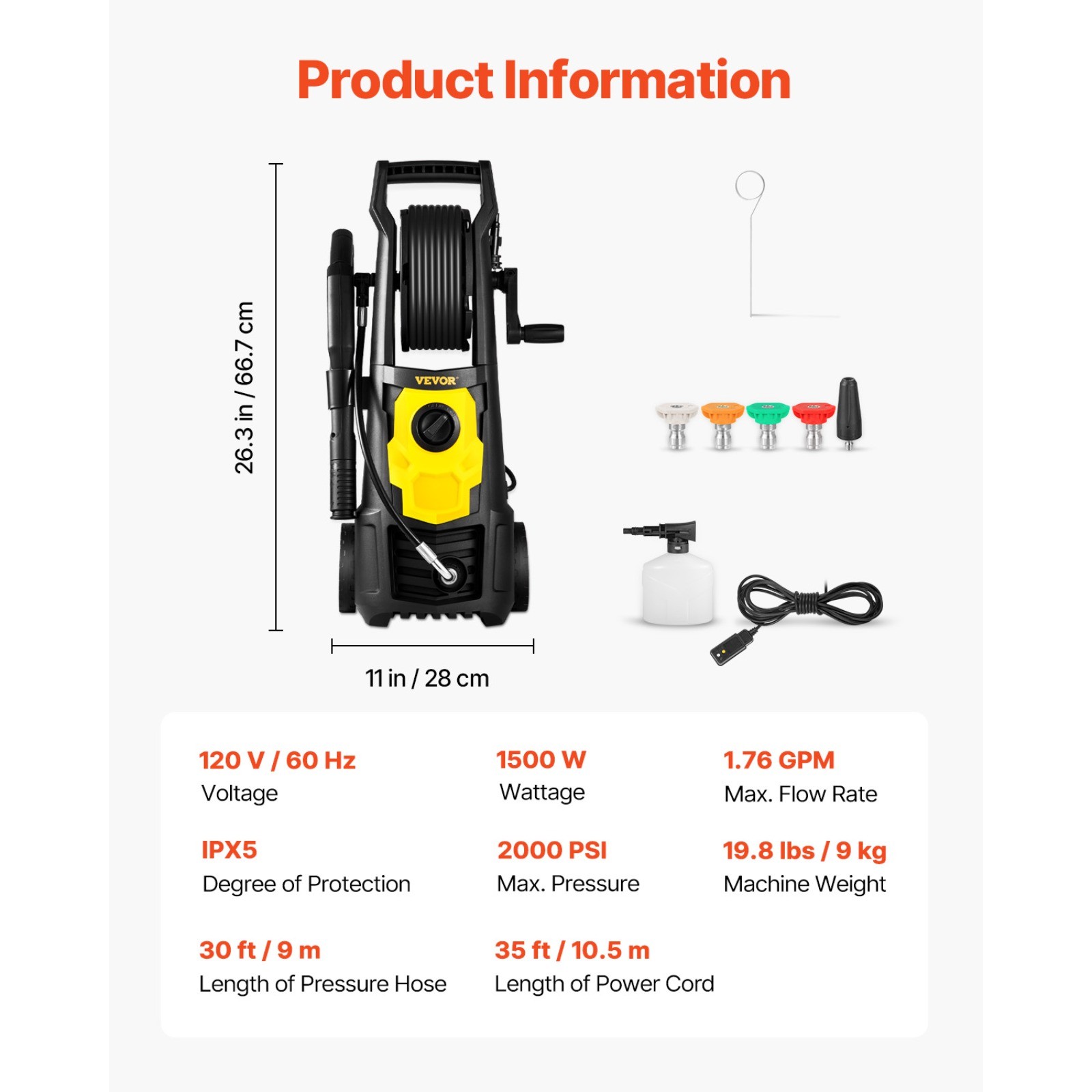 2000 PSI Electric Pressure Washer, 1.76 GPM w/ 30Ft Hose, Foam Cannon, 5 Nozzles