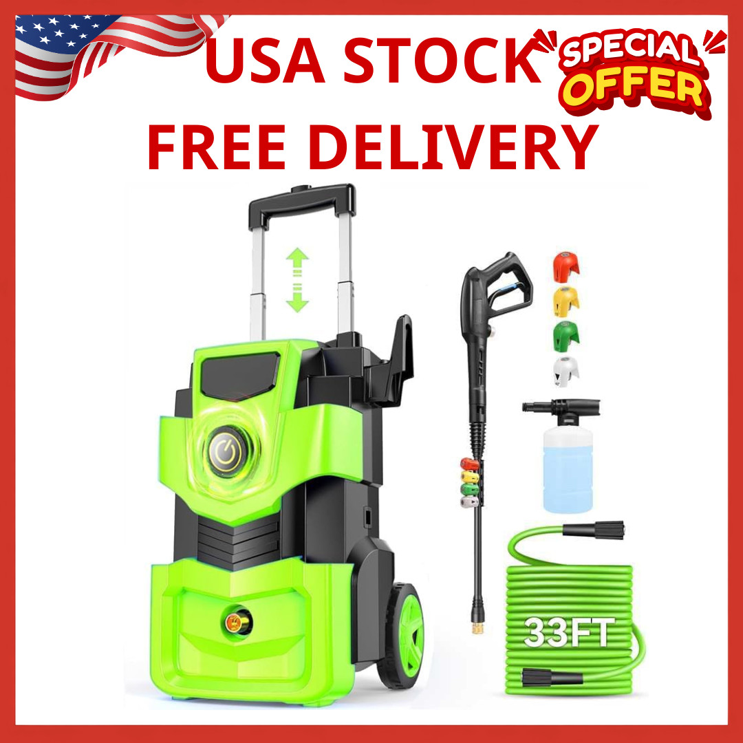 **5000 PSI Electric Pressure Washer 4.0 GPM 33FT Hose Foam Cannon 4 Nozzles Gree