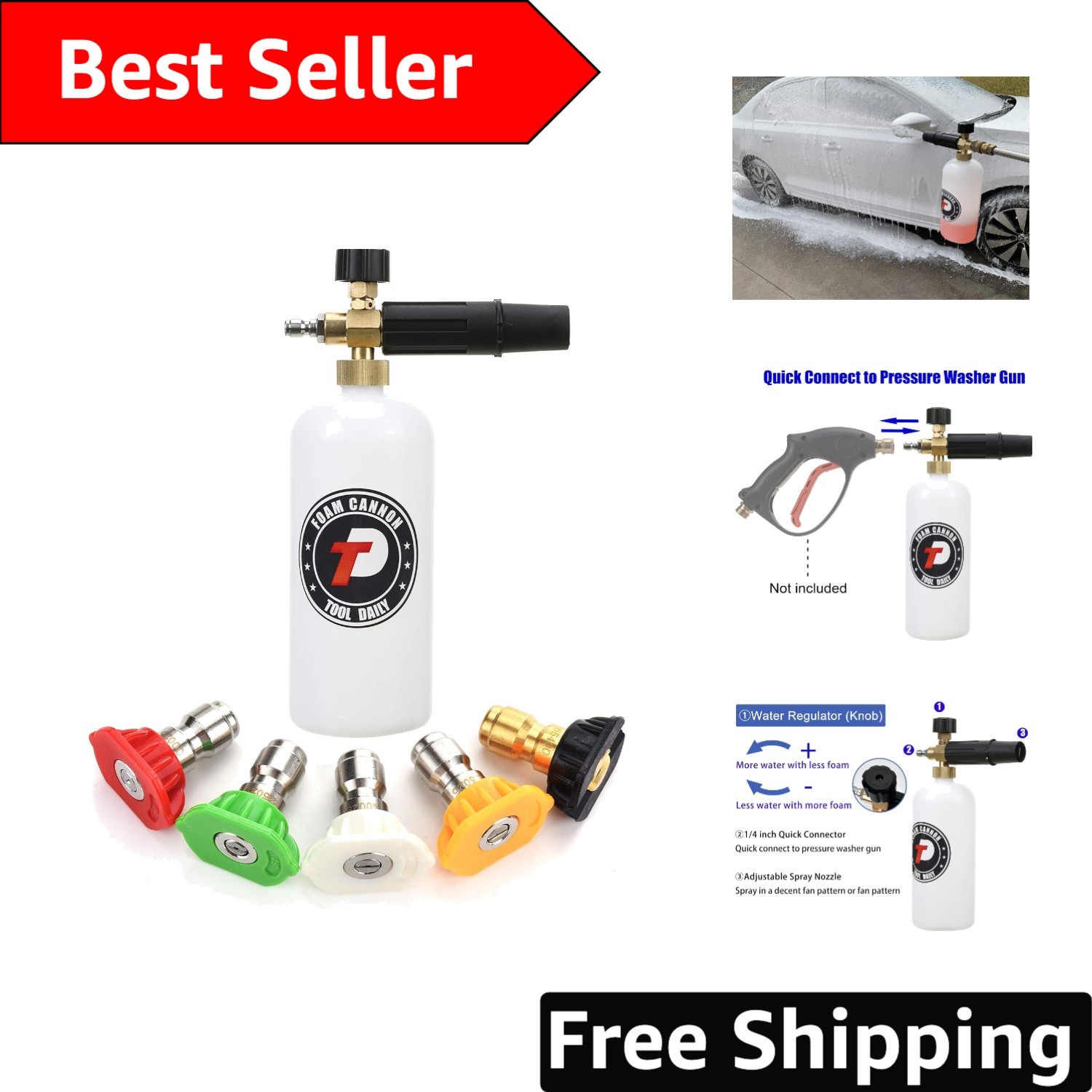 Durable Foam Cannon with 1/4” Connector and 1 Liter Capacity – 5 Tips Included