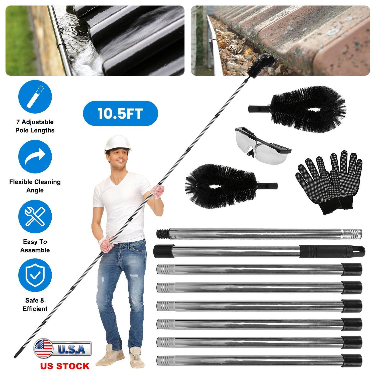 10.5FT Gutter Cleaning Brush w/ Telescoping Handle Rain Cleaner Extendable Tool