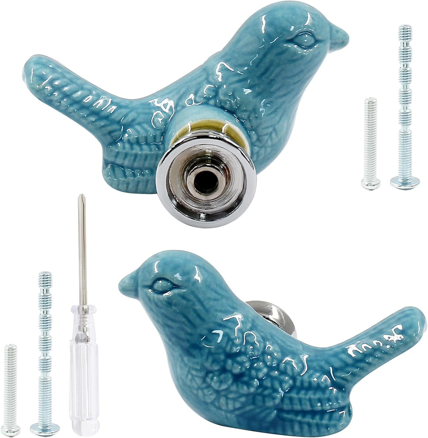 2 Pack Blue Bird Ceramic Cabinet Knobs Drawer Pulls with Screws & Tool