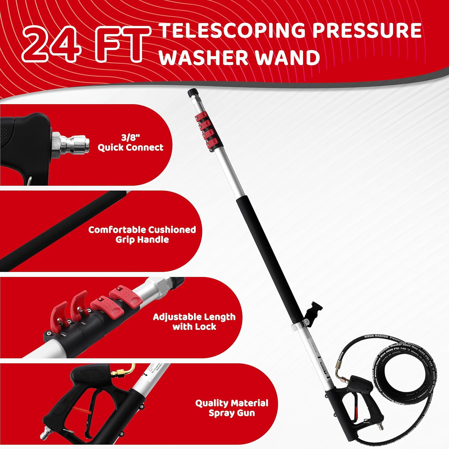 24 FT Telescoping Pressure Washer Wand, Power Washer Extension Wand with Brush,