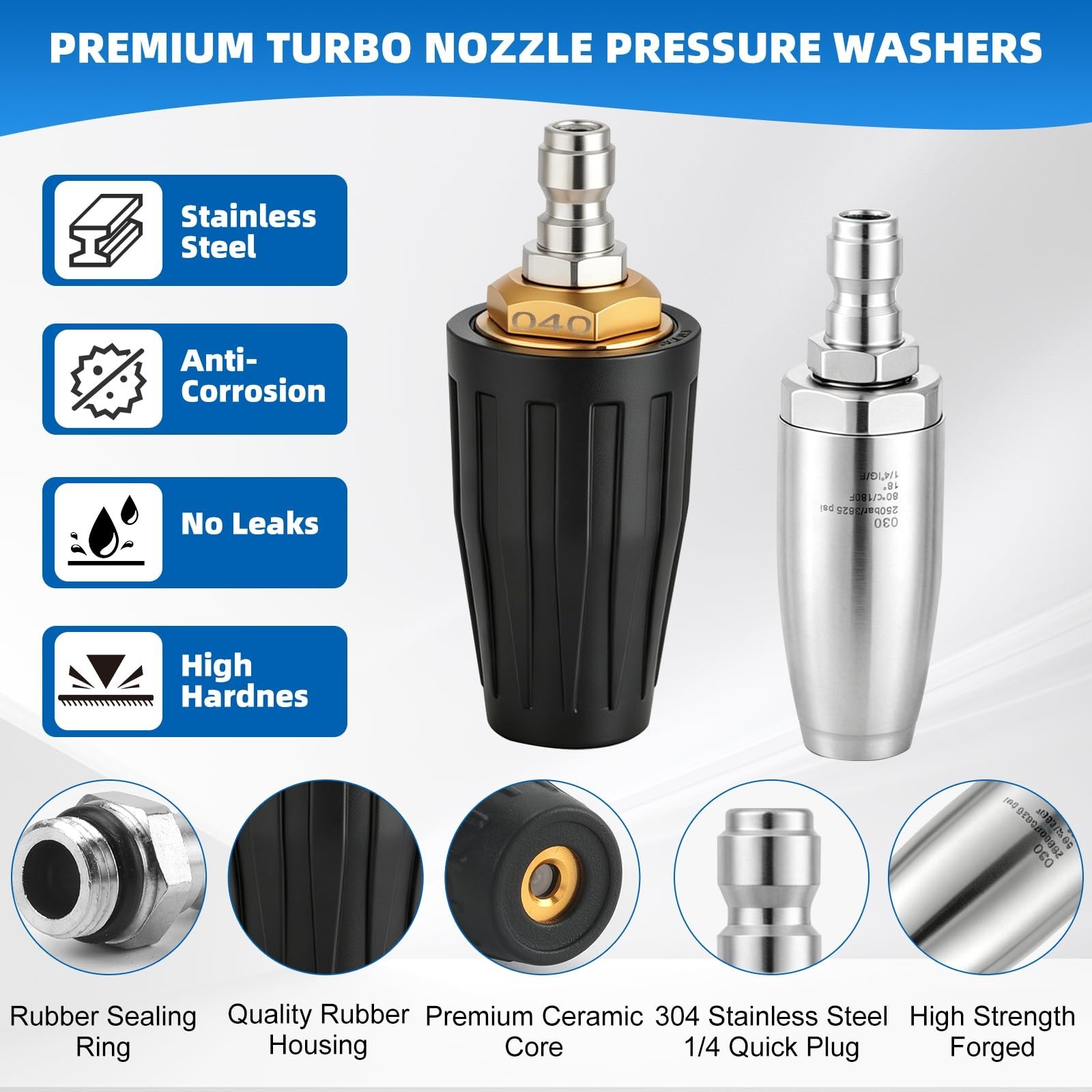 2 Pack 4000 PSI Pressure Washer Nozzles – 360° Rotating Turbo Tips & 7 Cleaning