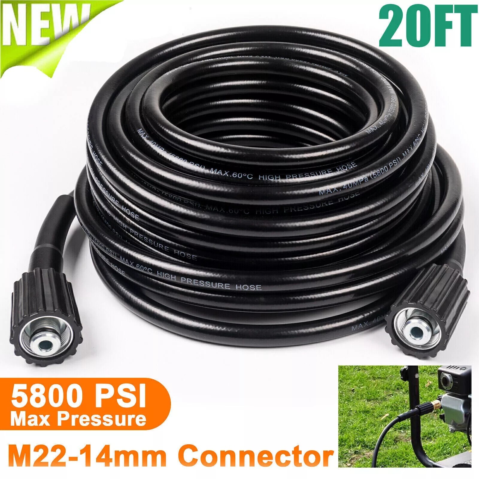 High Pressure Washer Hose 6m/20ft 5800PSI M22-14mm Power Washer Extension Tube