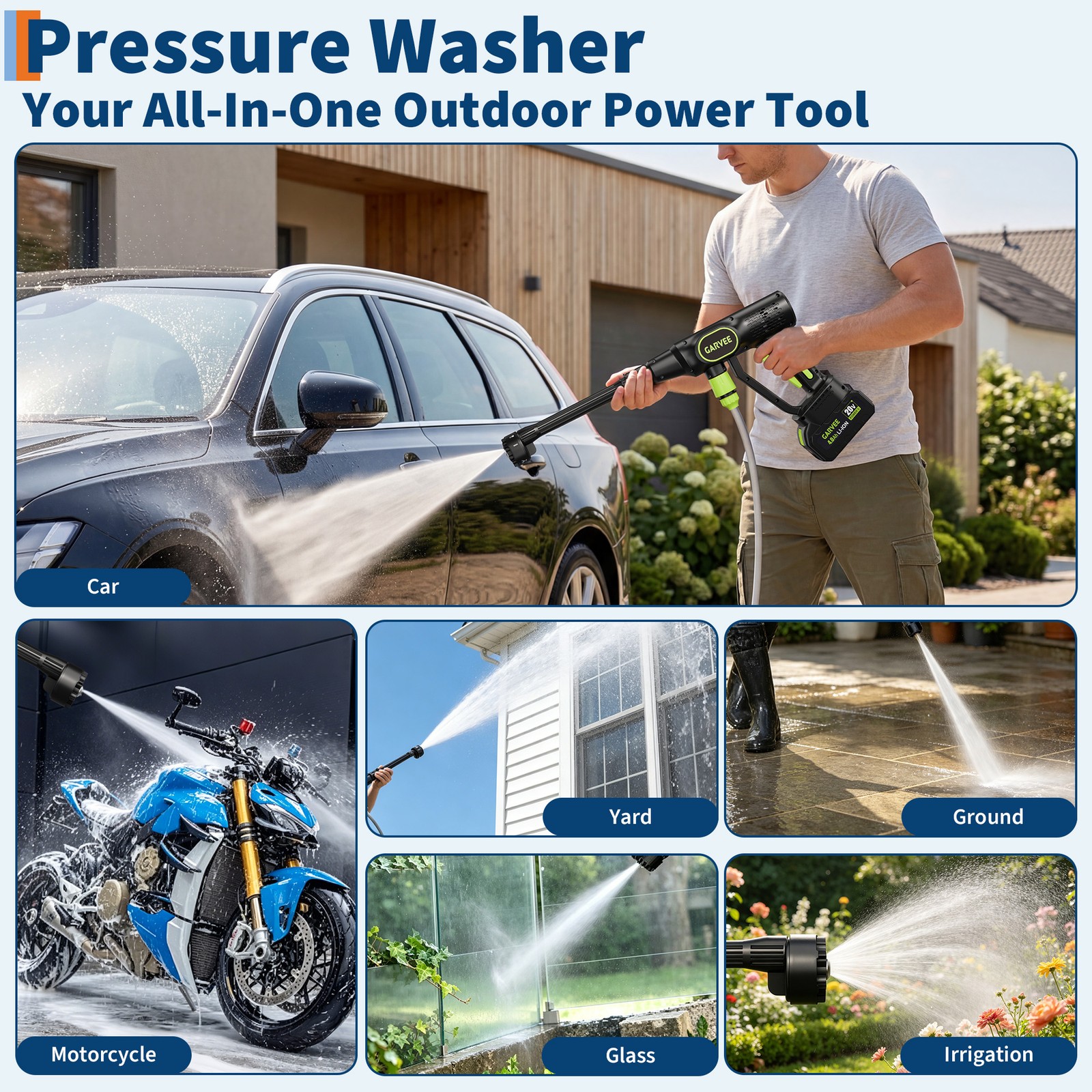 Wireless Pressure Washer 20V, 320PSI Brushless Motor, 6-in-1 Adjustable Nozzle