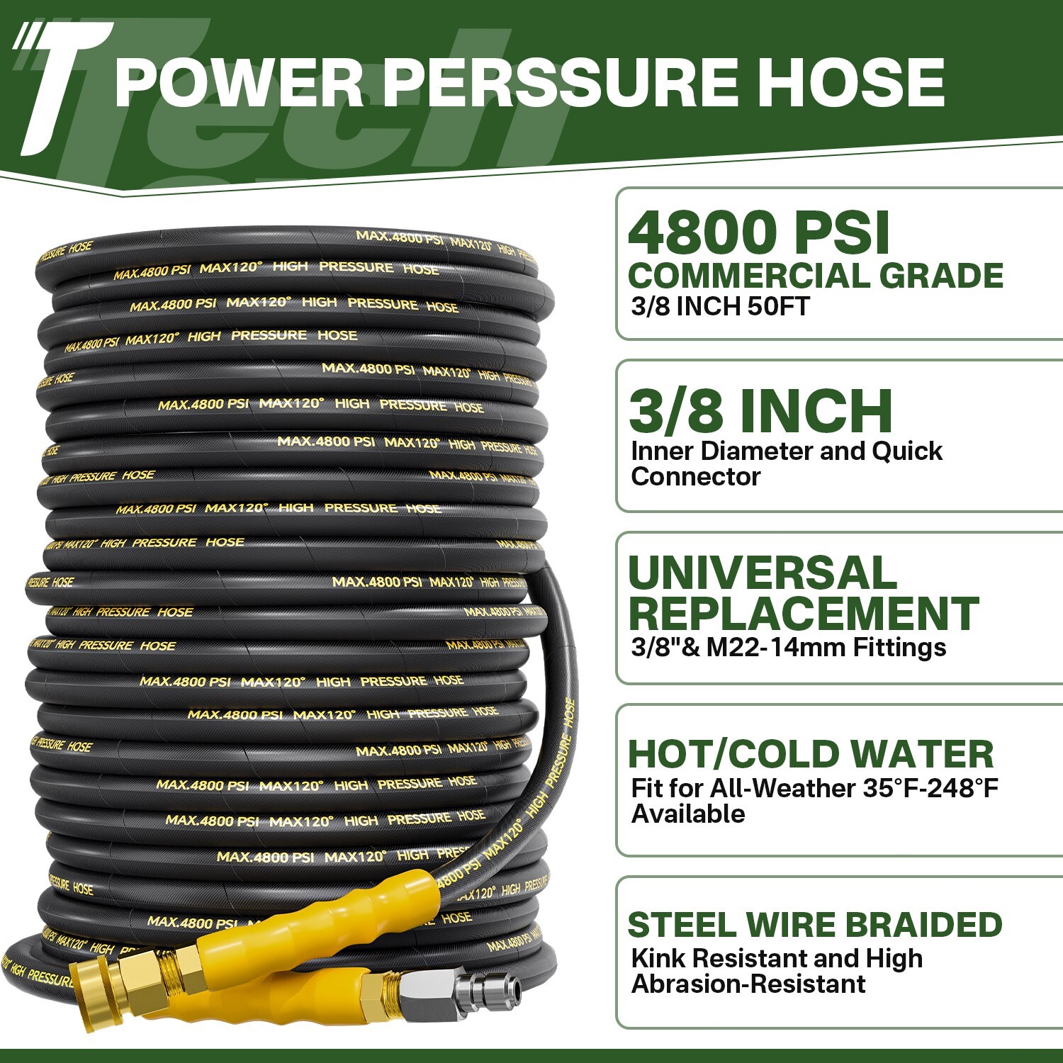 5000PSI Pressure Washer Gun 50FT Kink Resistant Hose 15″ Extension Washer Wand