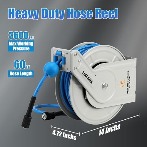 Pressure Washer Hose Reel 60ft 1/4 Heavy Duty Auto Rewind Wall Mounted 3600 PSI
