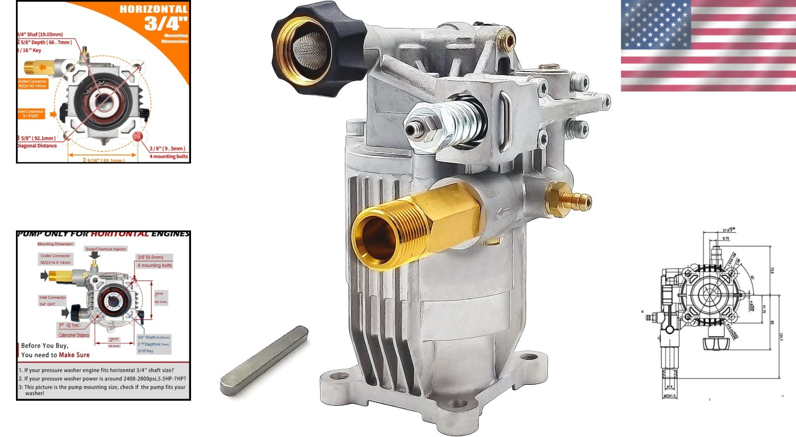 Pressure Washer Pump Replacement Aluminum 2800 PSI 3/4″ Shaft Horizontal