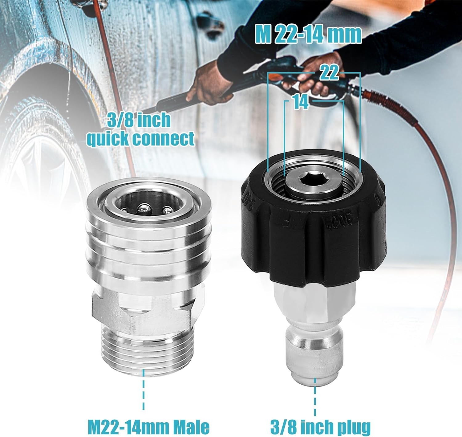 Pressure Washer Adapter Set, Stainless Steel Quick Connect Kit, M22 14mm to 3…