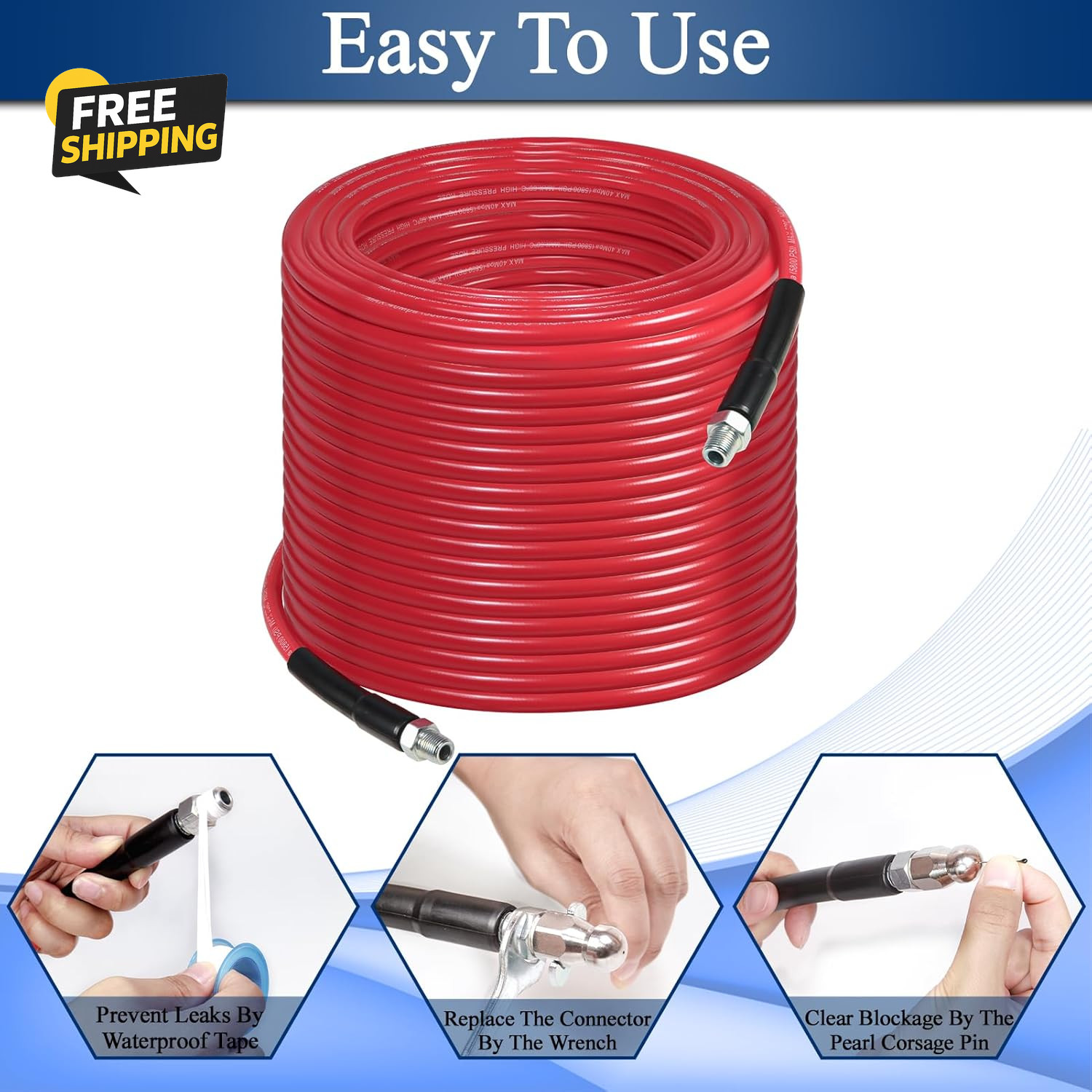 100FT Sewer Jetter Kit for Pressure Washer, 1/4”NPT Drain Cleaner Hose 5800PSI