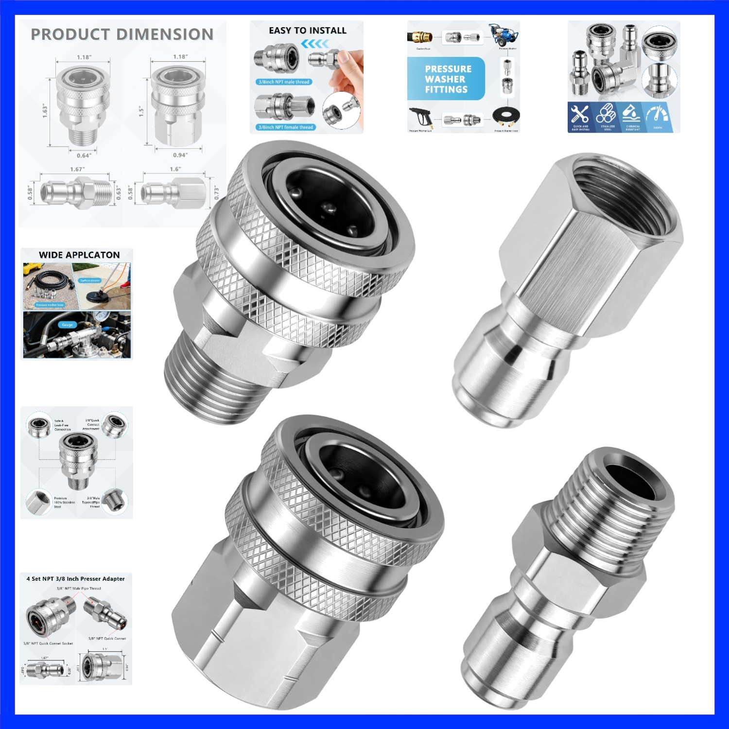 3/8″ Stainless Steel Pressure Washer Quick Connect Kit – 4PCS Adapter Set wit…