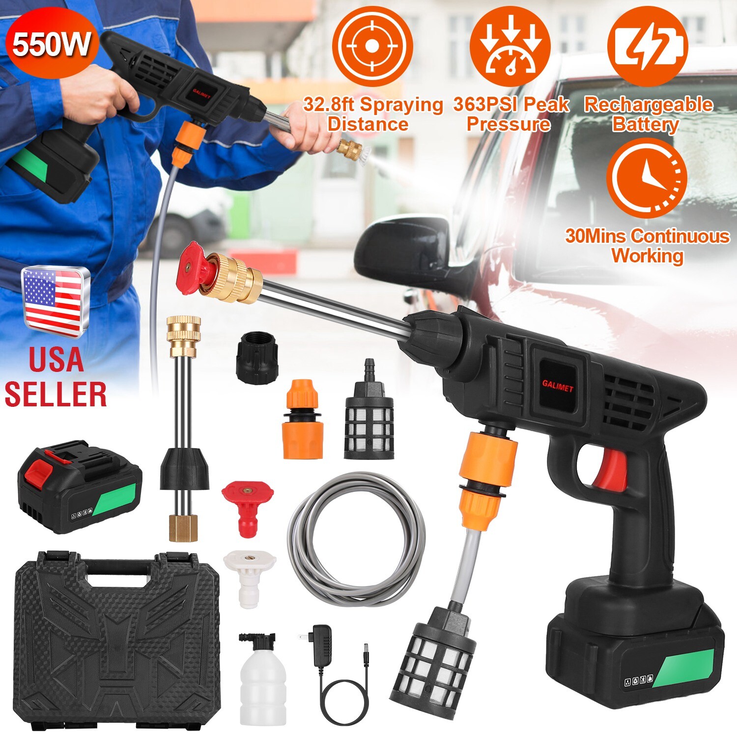 12000mAh Cordless High Pressure Car Washing Gun Pressure Washer Gun w/ 2 Nozzles