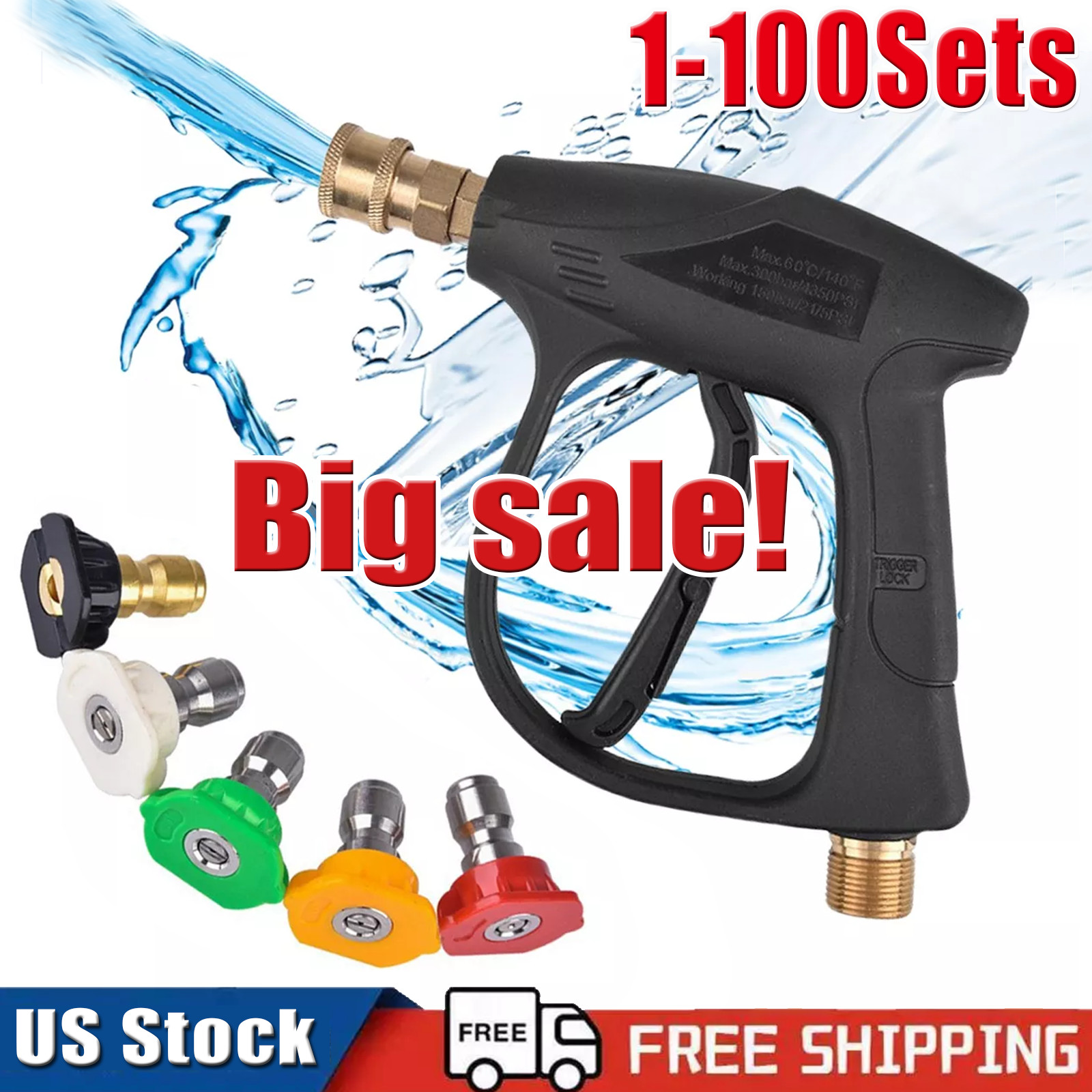 1/4″ High Pressure Washer Gun 4000 PSI Car Wash Foam Spray Short Wand w/5 Nozzle