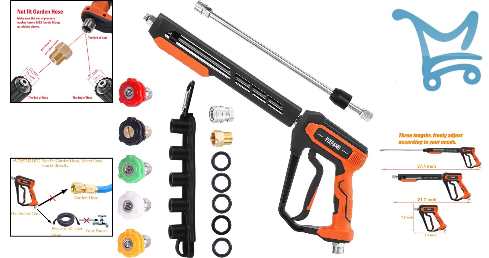 Pressure Washer Gun Kit Stainless Steel 5000PSI Nozzles Extension for Gas Ele…