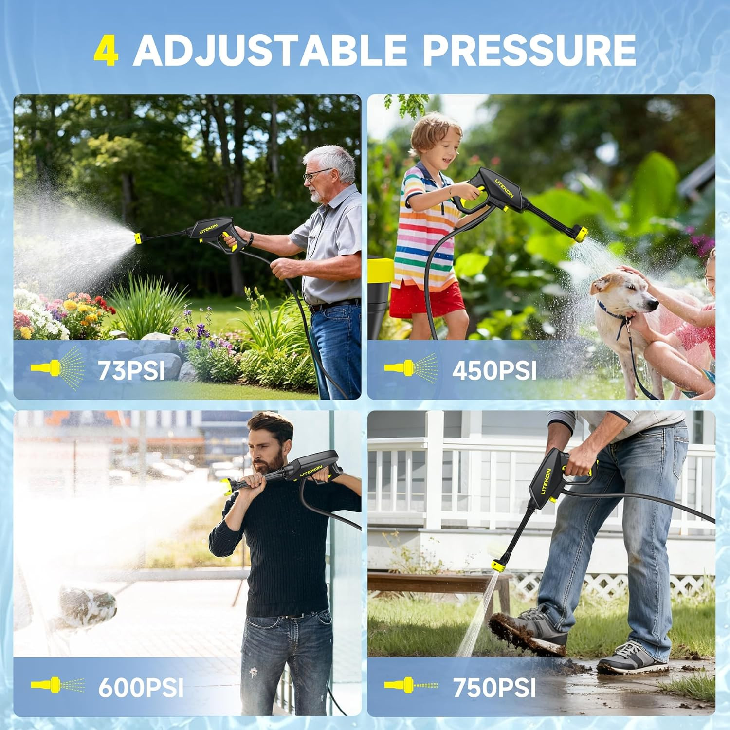 Portable Cordless Pressure Washer 750Psi, 4.5Gal Tank, 6-in-1 Nozzle