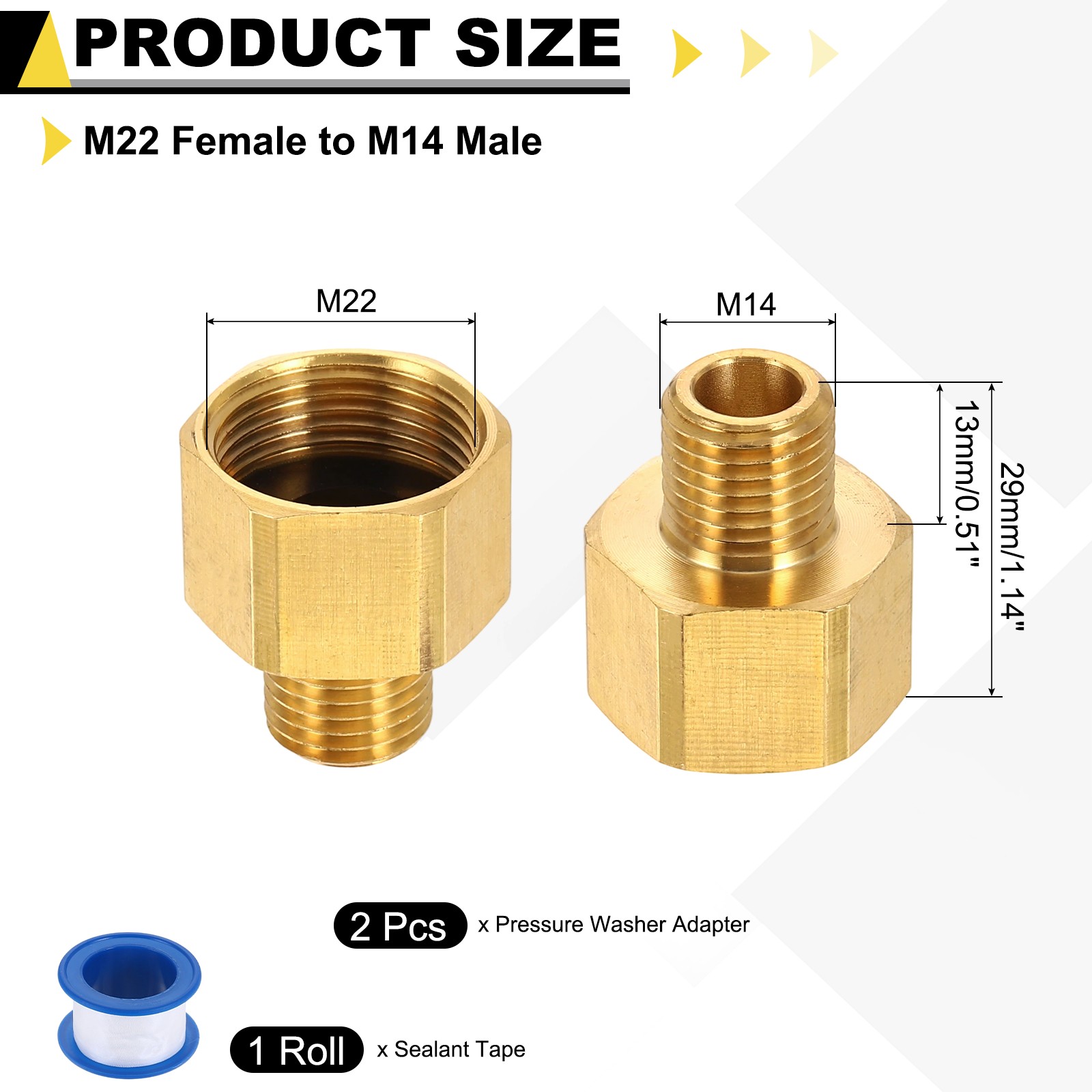 2 Pcs M22 Female to M14 Male Flat Mouth Pressure Washer Adapter with Tape