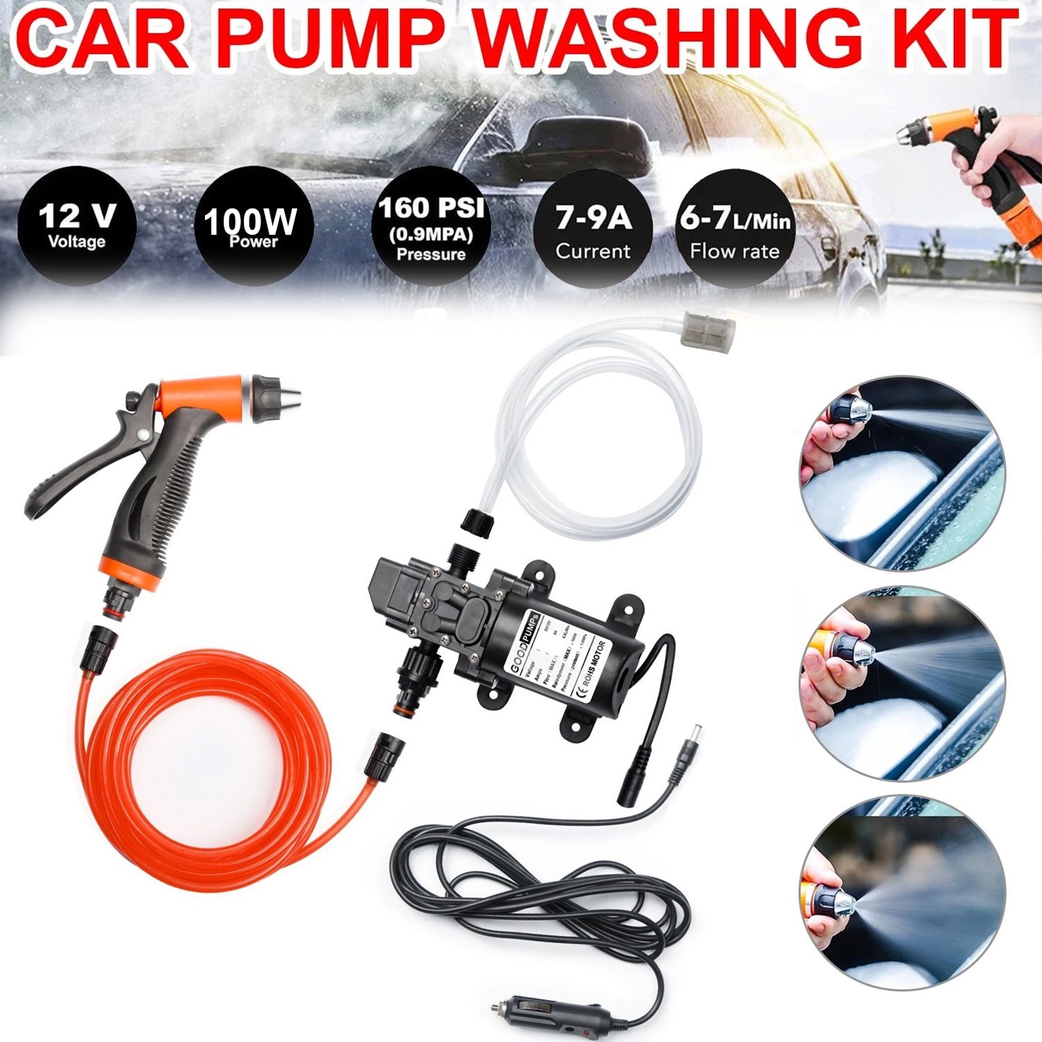 160PSI Washdown Wash Pump Kit Electric DIY Car Washer Cleaner Sprayer 12V Tool
