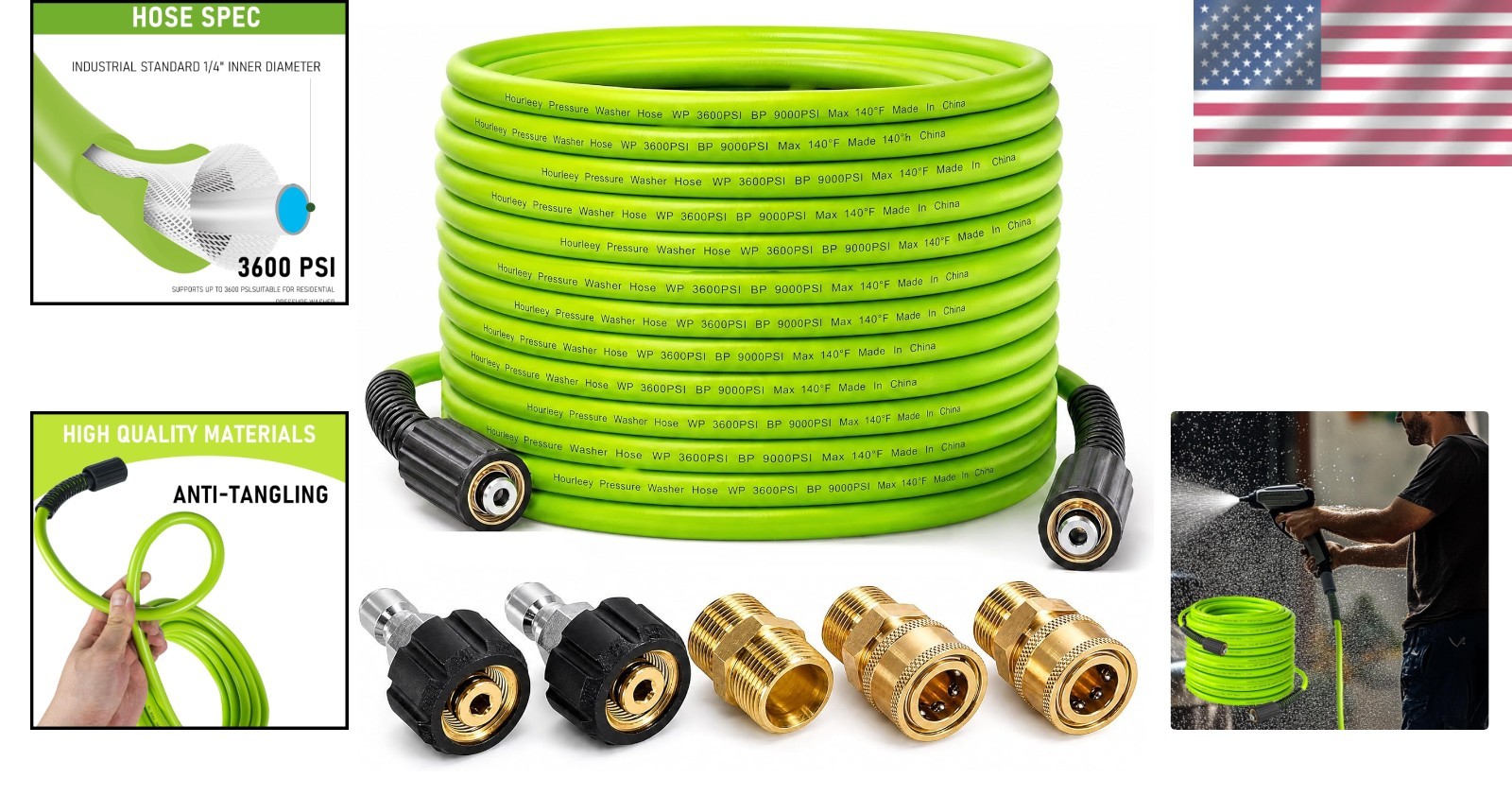 Versatile 1/4″ Quick Connect 50 FT Pressure Washer Hose, 3600 PSI & Adapters