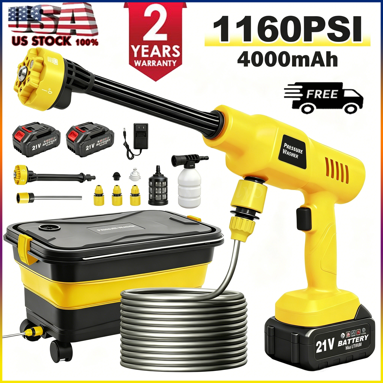 1160PSI Cordless High Pressure Washer Dual Batteries Foldable Tank Car Cleaner