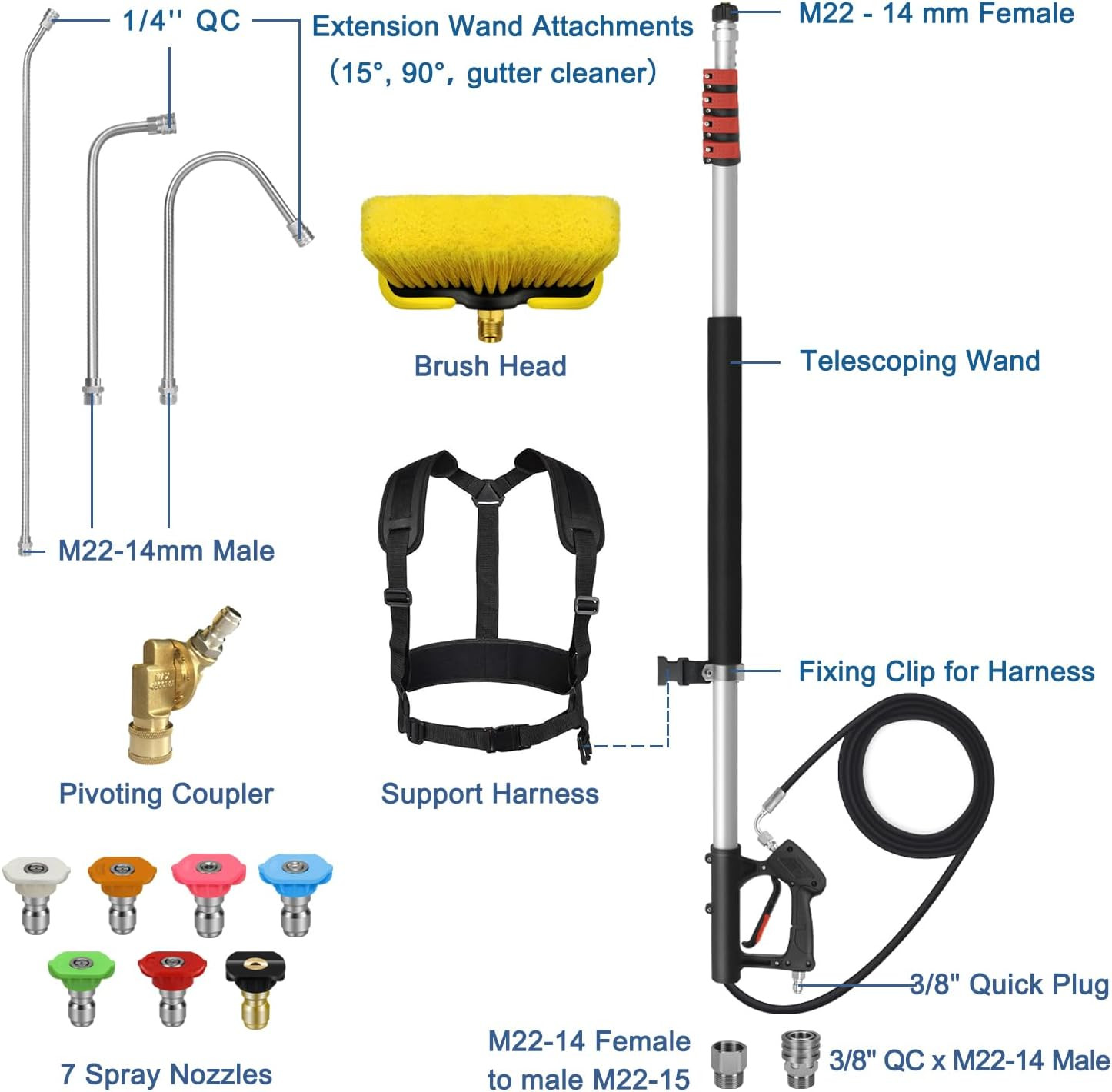 24FT Telescoping Pressure Washer Wand Kit – 2 Extension Poles, Gutter Cleaner, B