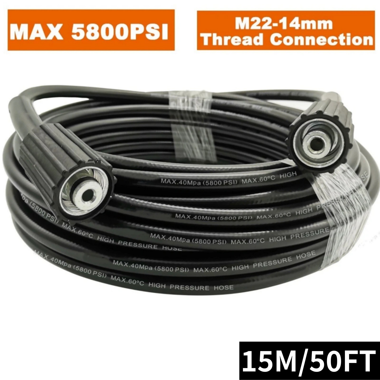 50ft. 5800 PSI High Pressure Washer Hose – M22 14mm Connector – Replacement Hose