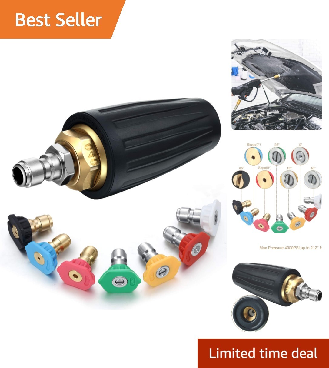 4000 PSI Pressure Washer Turbo Nozzle with 7 Spray Tips for Versatile Cleaning