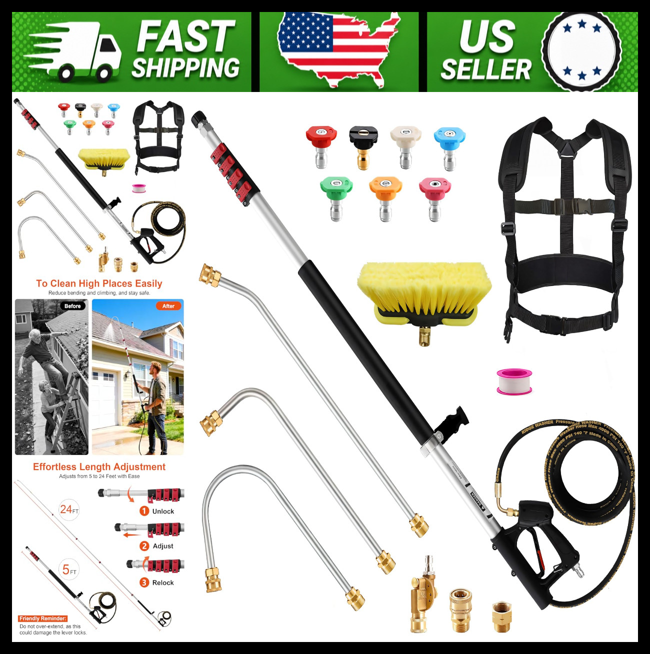 24 ft Telescoping Pressure Washer Wand with Brush Head & 7 Nozzle Tips