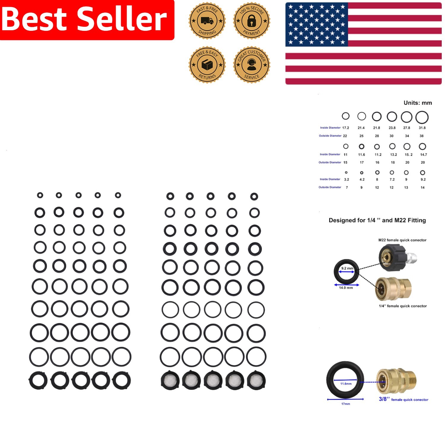 100 Piece Pressure Washer O-Ring Repair Kit Rubber Pump Hose Gun Wand 18 Sizes