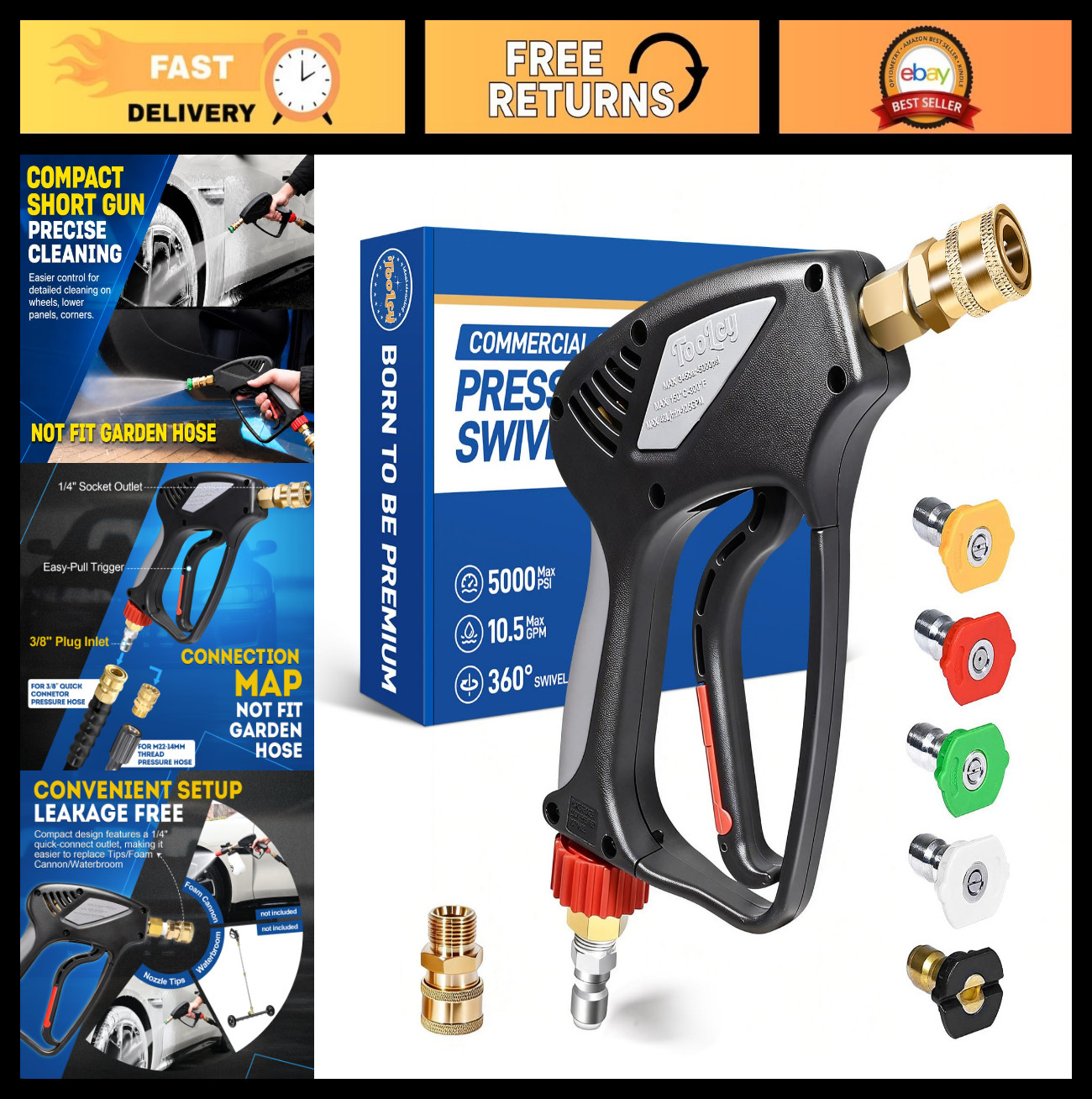 High-Pressure Washer Gun 5000 PSI with 360° Swivel, Quick Connect Inlet & Outlet