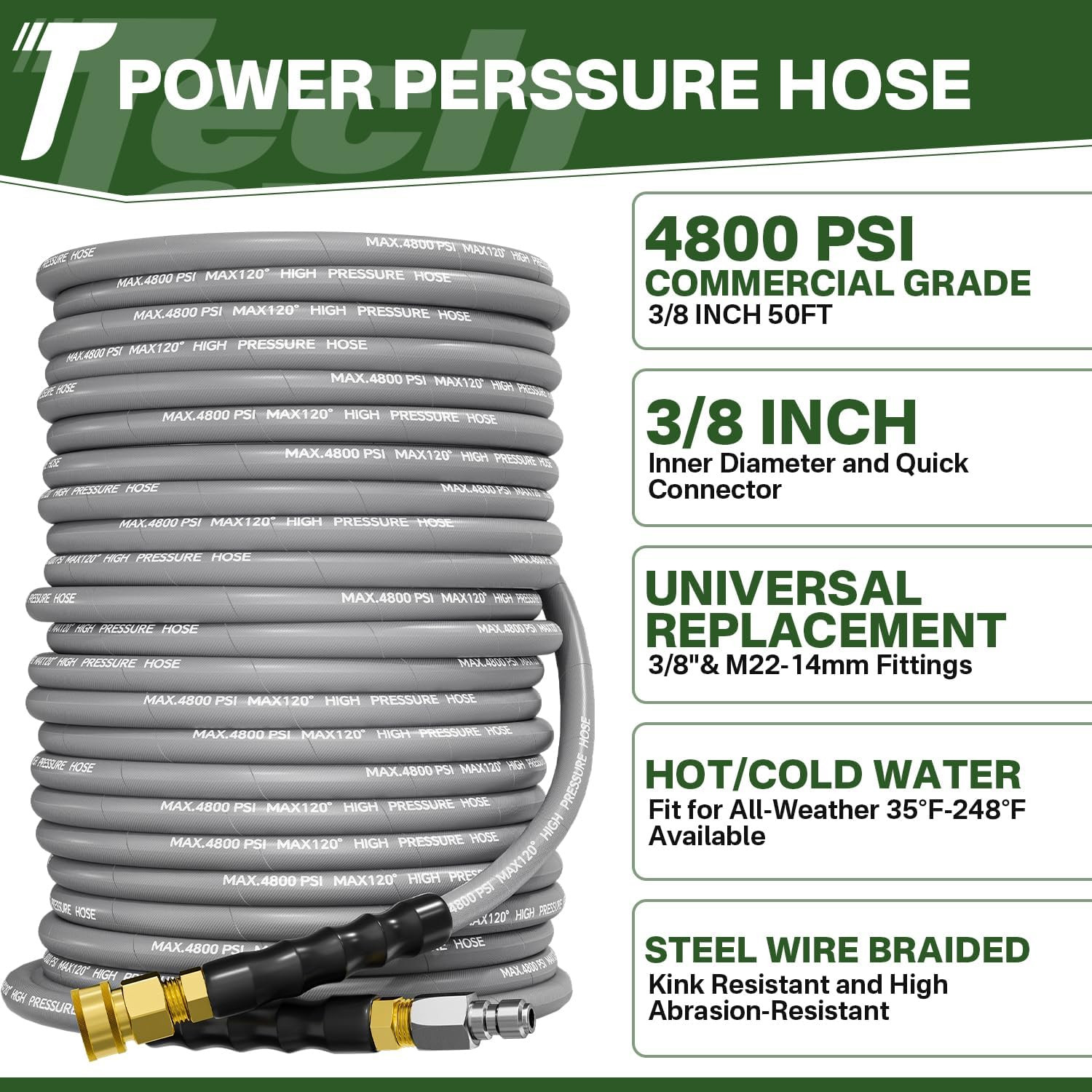 5000PSI Pressure Washer Gun and Hose Kit, 50FT Kink Resistant Steel Braided Powe