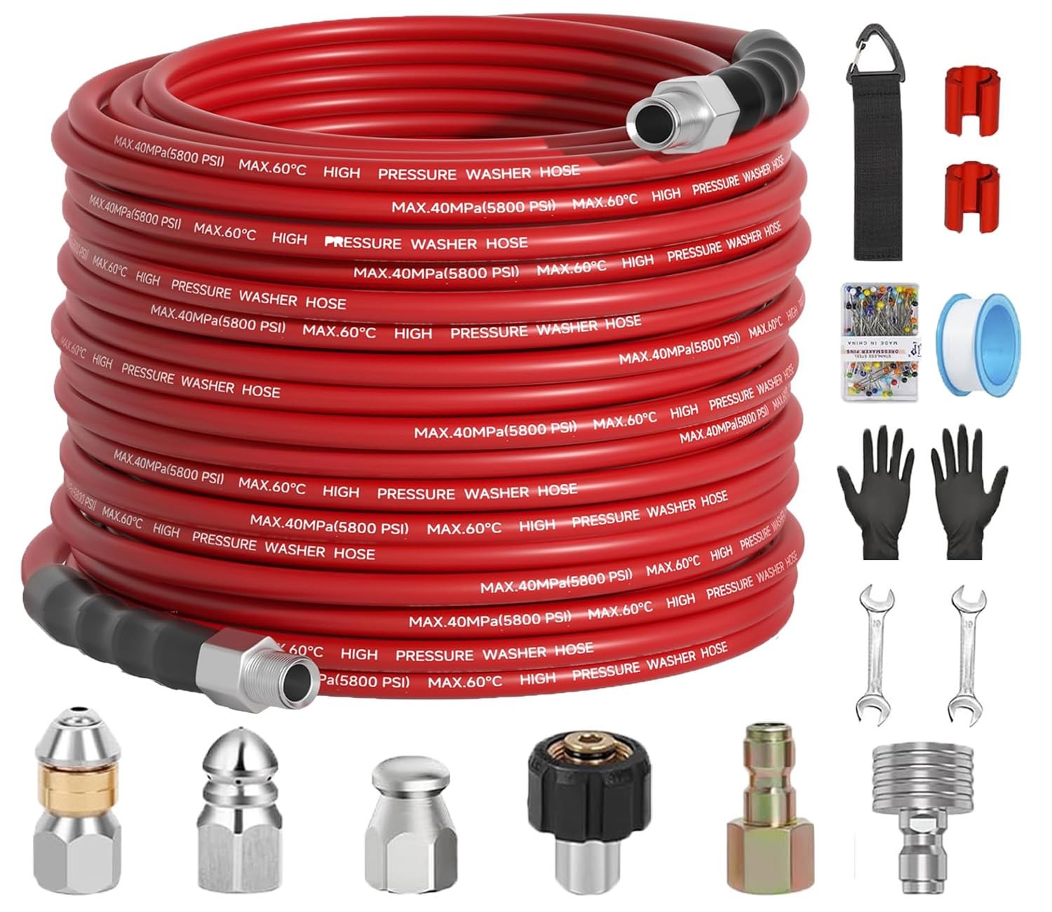 100FT Sewer Jetter Kit for Pressure Washer 5800PSI,1/4″ NPT Drain Jetter Hose…