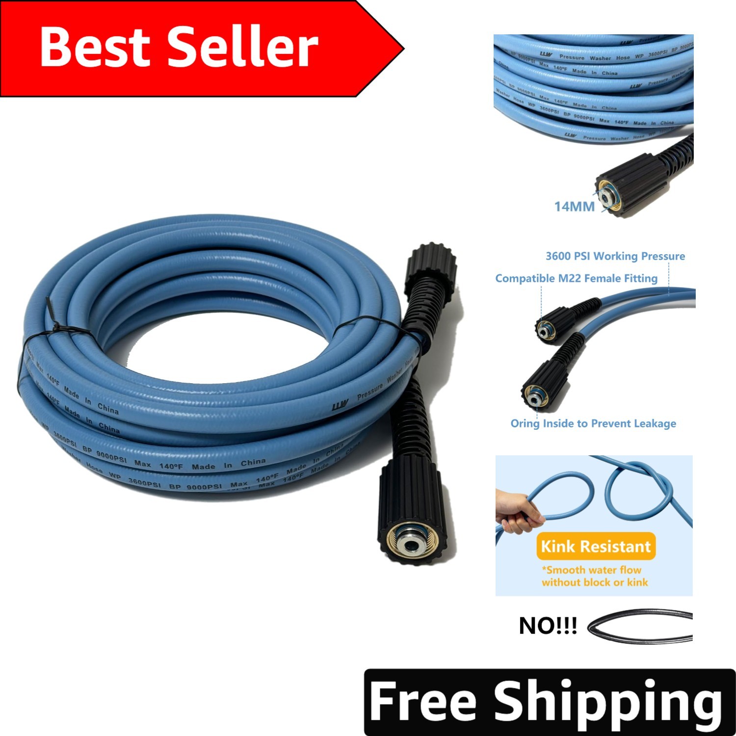 25FT 3600 PSI High Pressure Washer Hose, Heat Resistant & Corrosion Proof Design