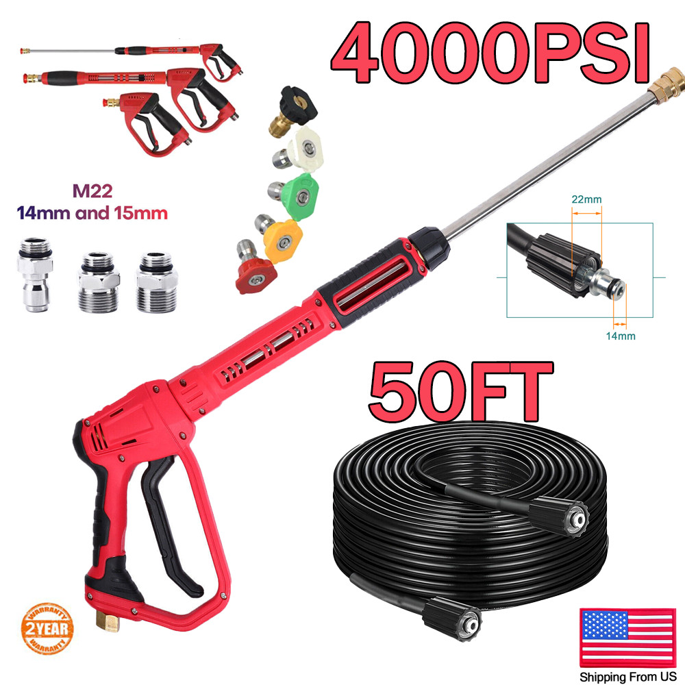 High Pressure 4000PSI Car Power Washer Gun Lance Nozzle and 50FT Hose Kit M22