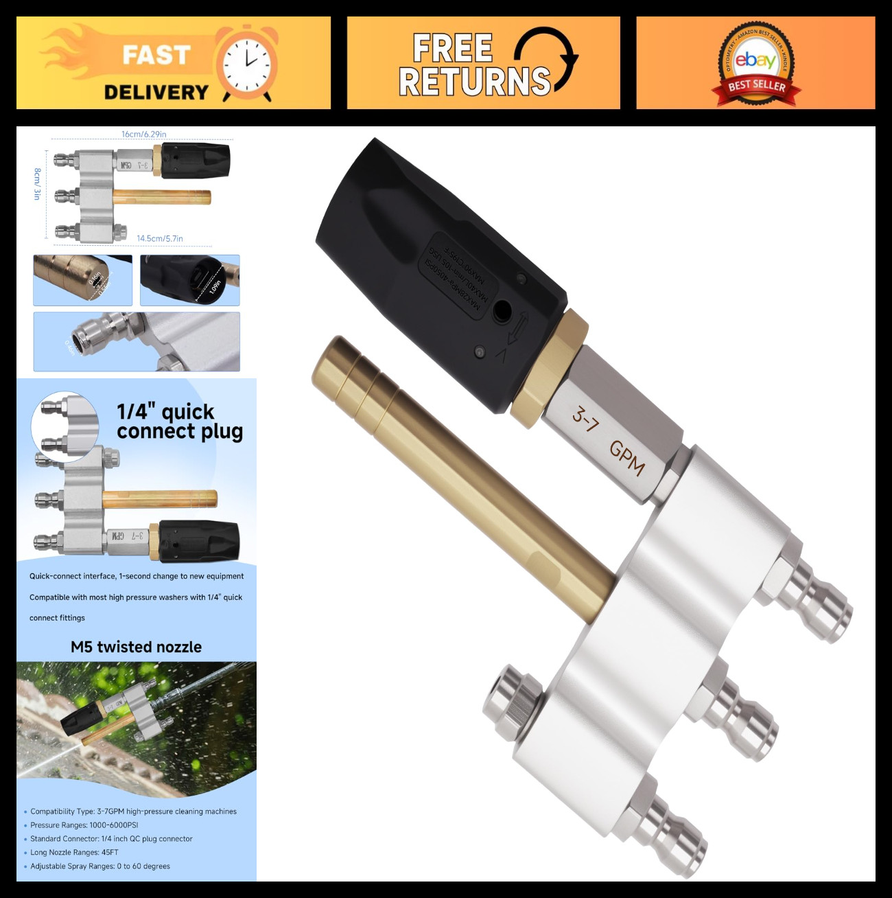 Adjustable M5 Twist Nozzle for Pressure Washer – 3-in-1 Long Range Tip, 1/4″ Qui