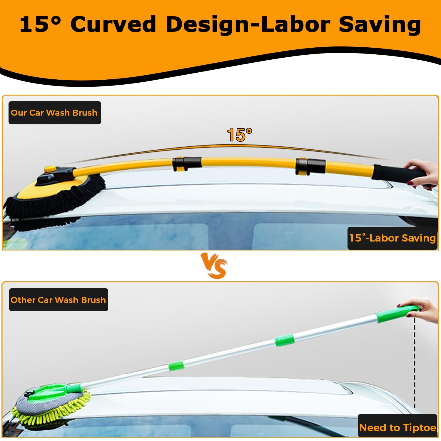 WillingHeart 15° Curved Car Wash Brush with Long Handle 43″ Large, Yellow