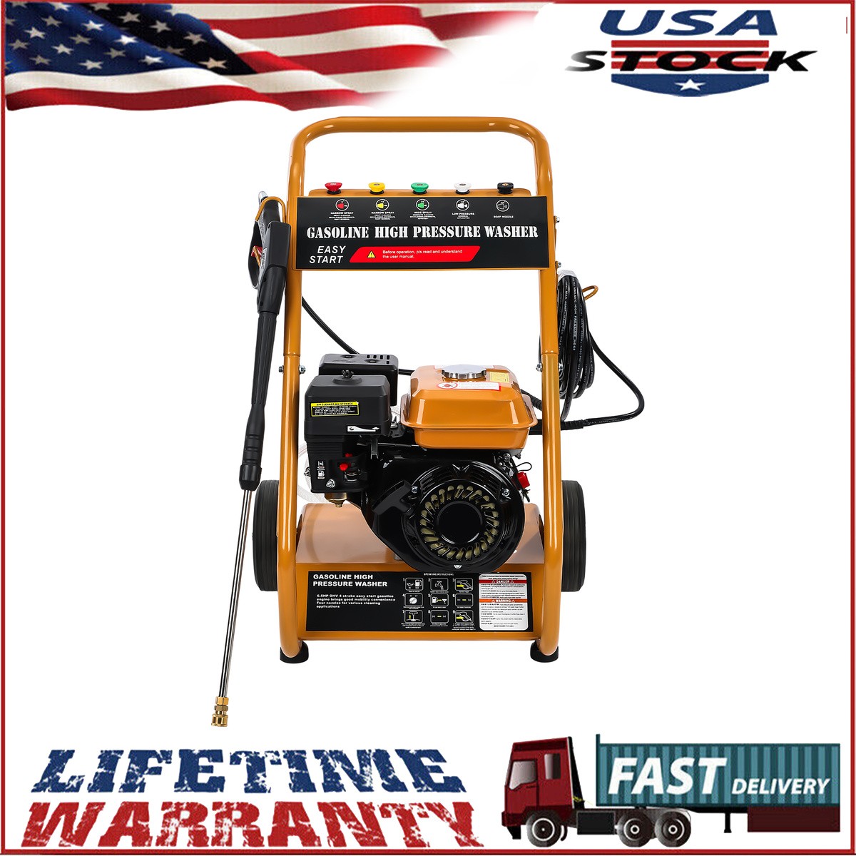 Gas Pressure Washer 3950 PSI 6.5HP 0.6L Oil Capacity 4-Stroke With 5 Nozzles