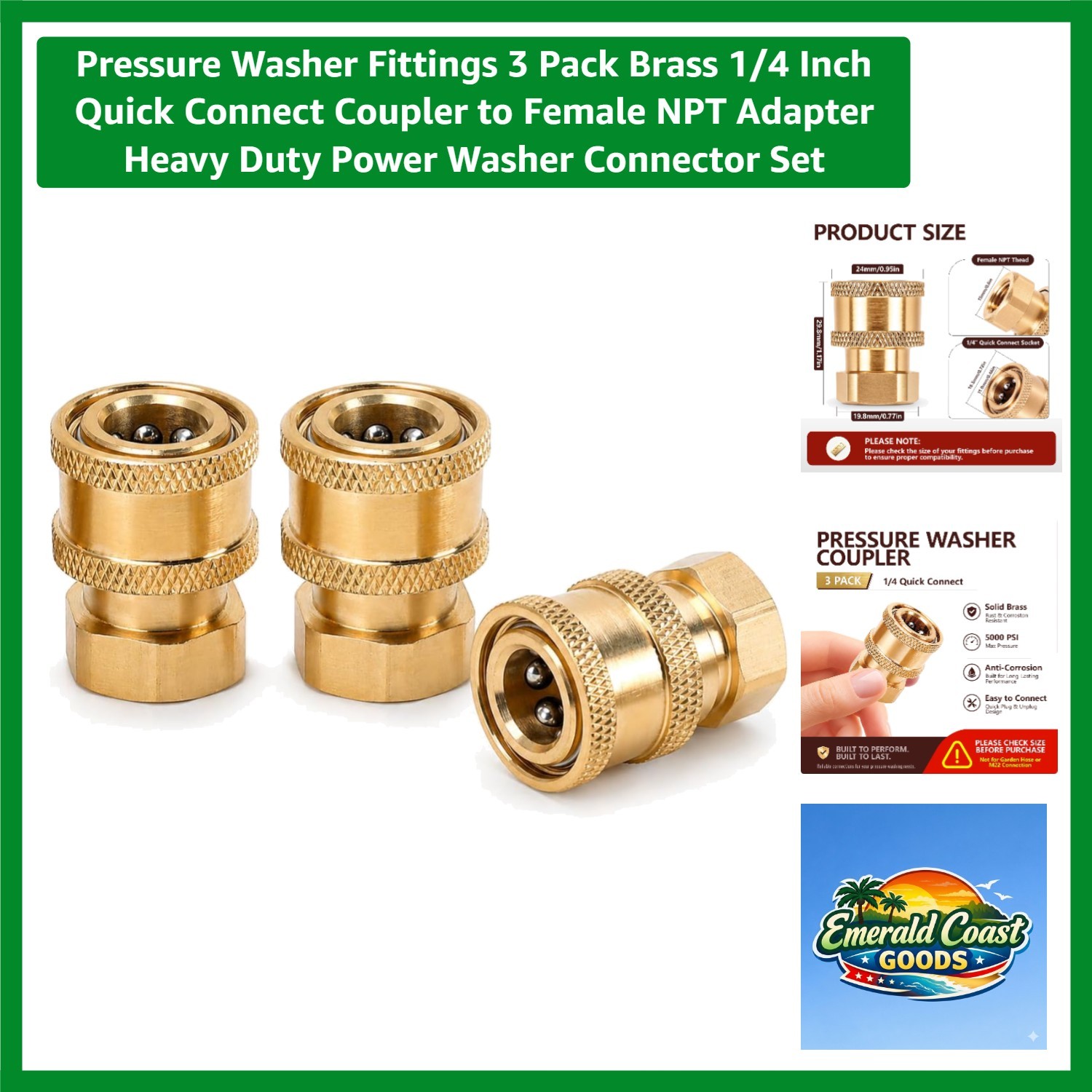 Pressure Washer Fittings 3 Pack Brass 1/4 Inch Quick Connect Coupler to Femal…