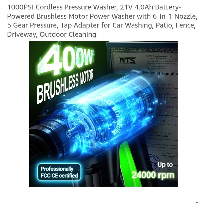 1000PSI Cordless Pressure Washer, 21V 4.0Ah Battery-Powered Brushless Motor Powe