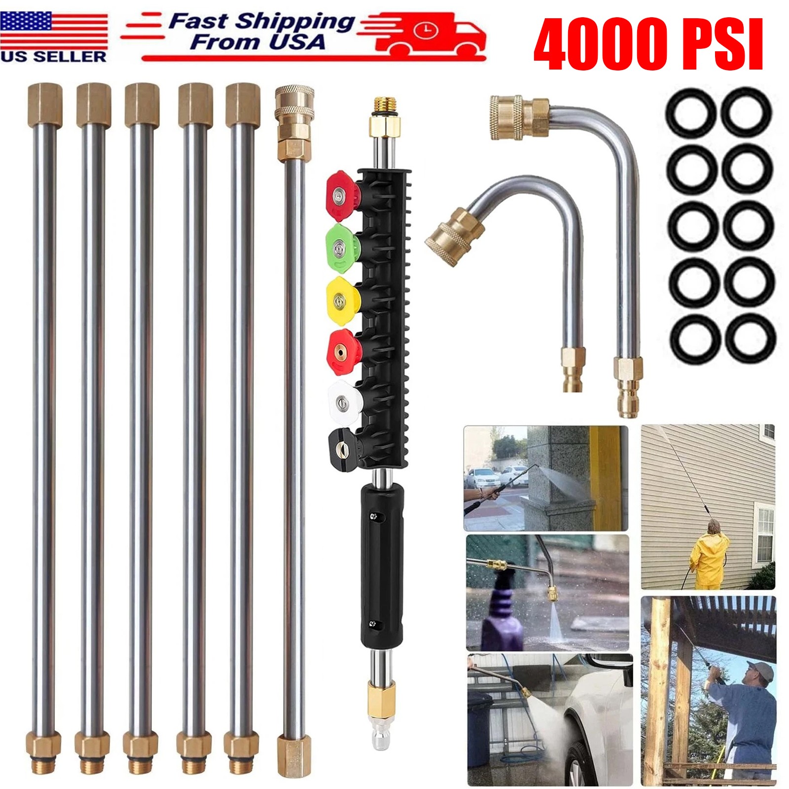 4000PSI High Pressure Washer Extension Wand Telescopic Lance w/ 6x Spray Nozzle