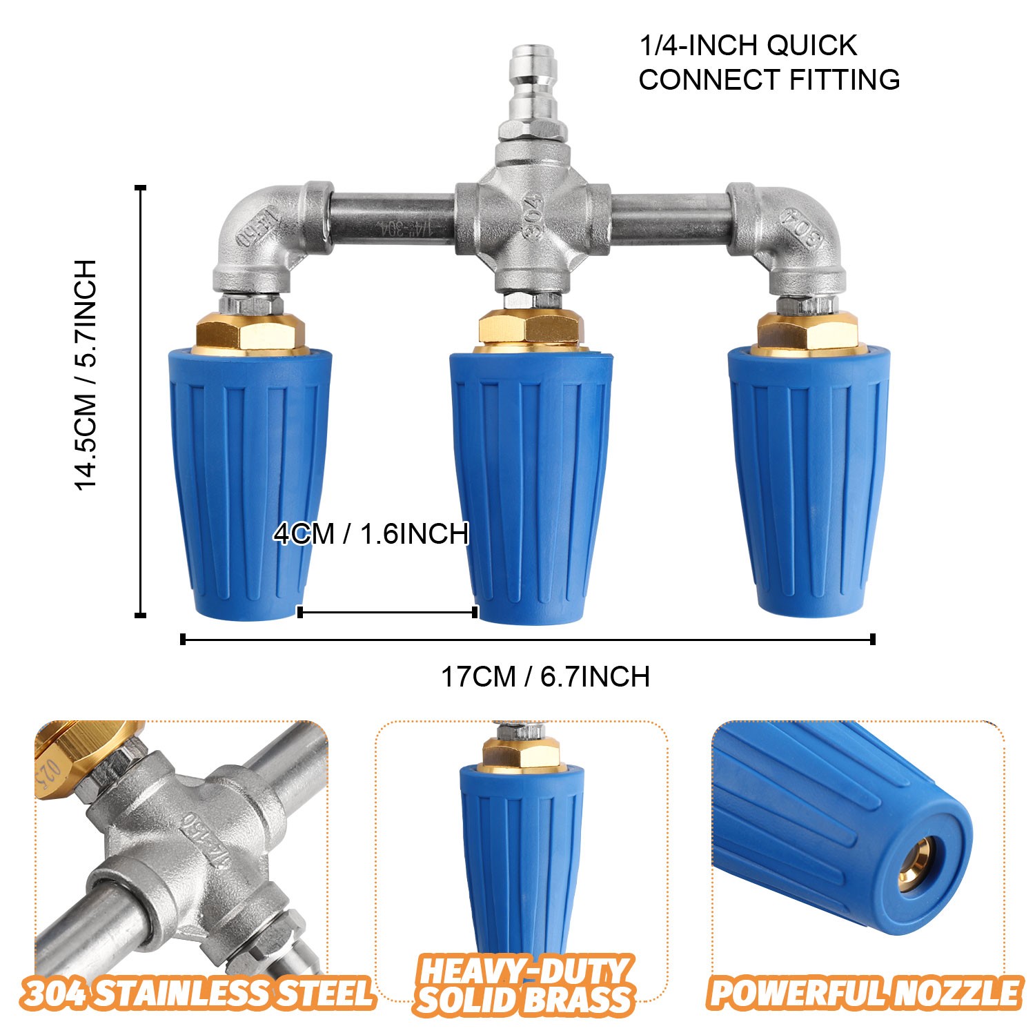 High Pressure Washer Nozzle 360° Rotating Triple Turbo 1/4″ 4000 PSI Auto Garden