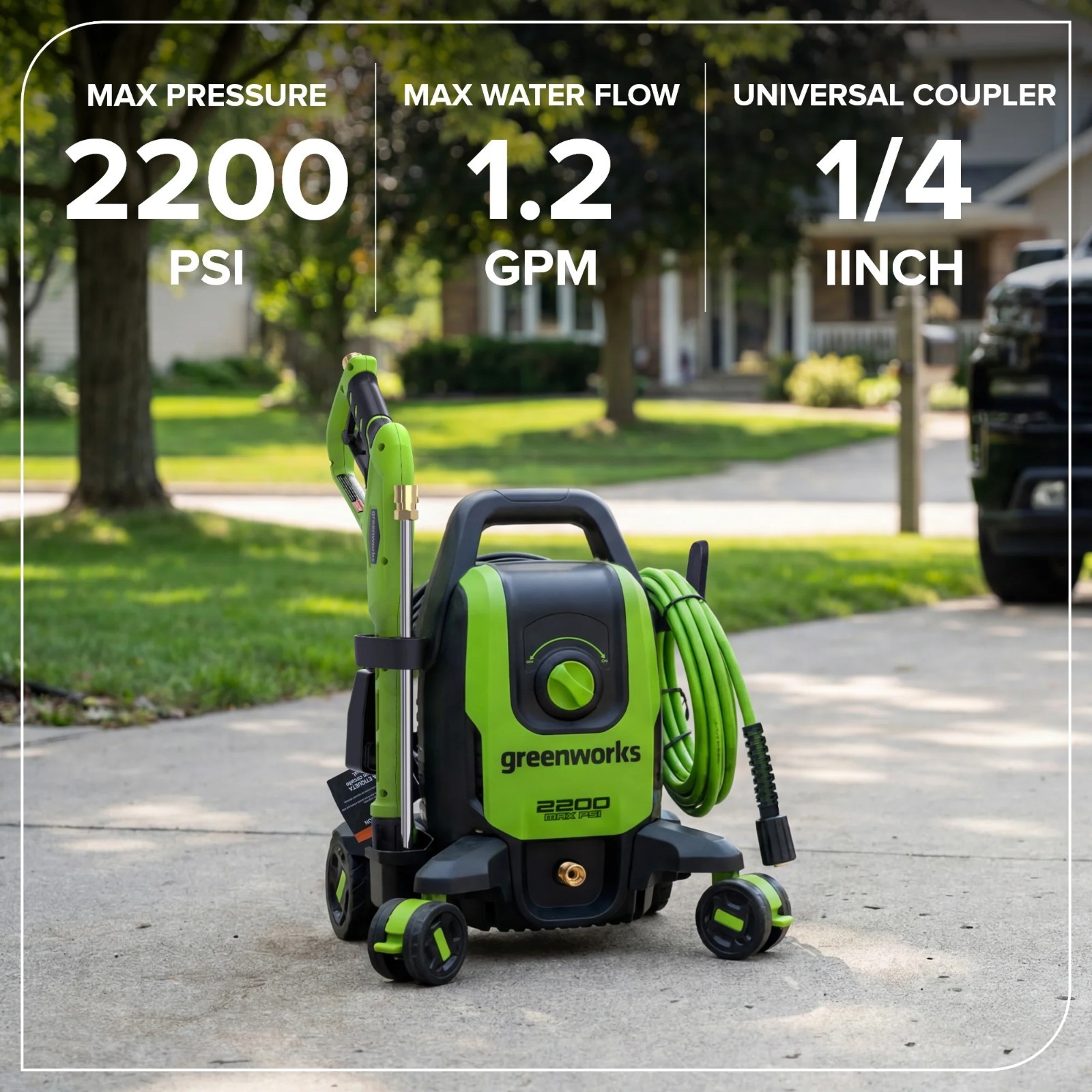 Greenworks 2200PSI 1.2GPM Four-Wheel Pressure Washer w/5 Nozzles& Detergent Tank