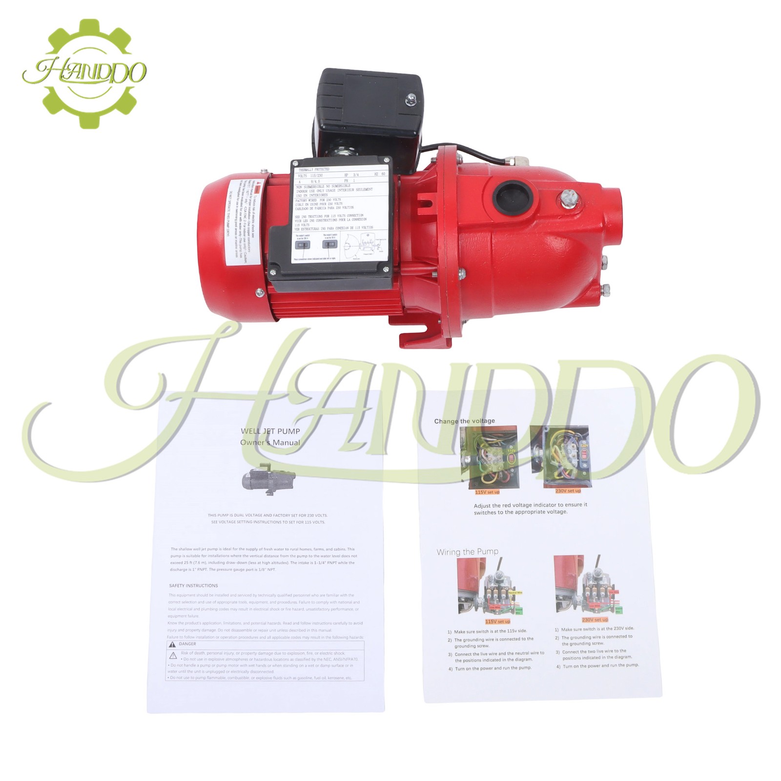 Shallow Well Jet Pump 3/4 HP 13 GPM, Cast Iron, 115/230V Dual Voltage, Red