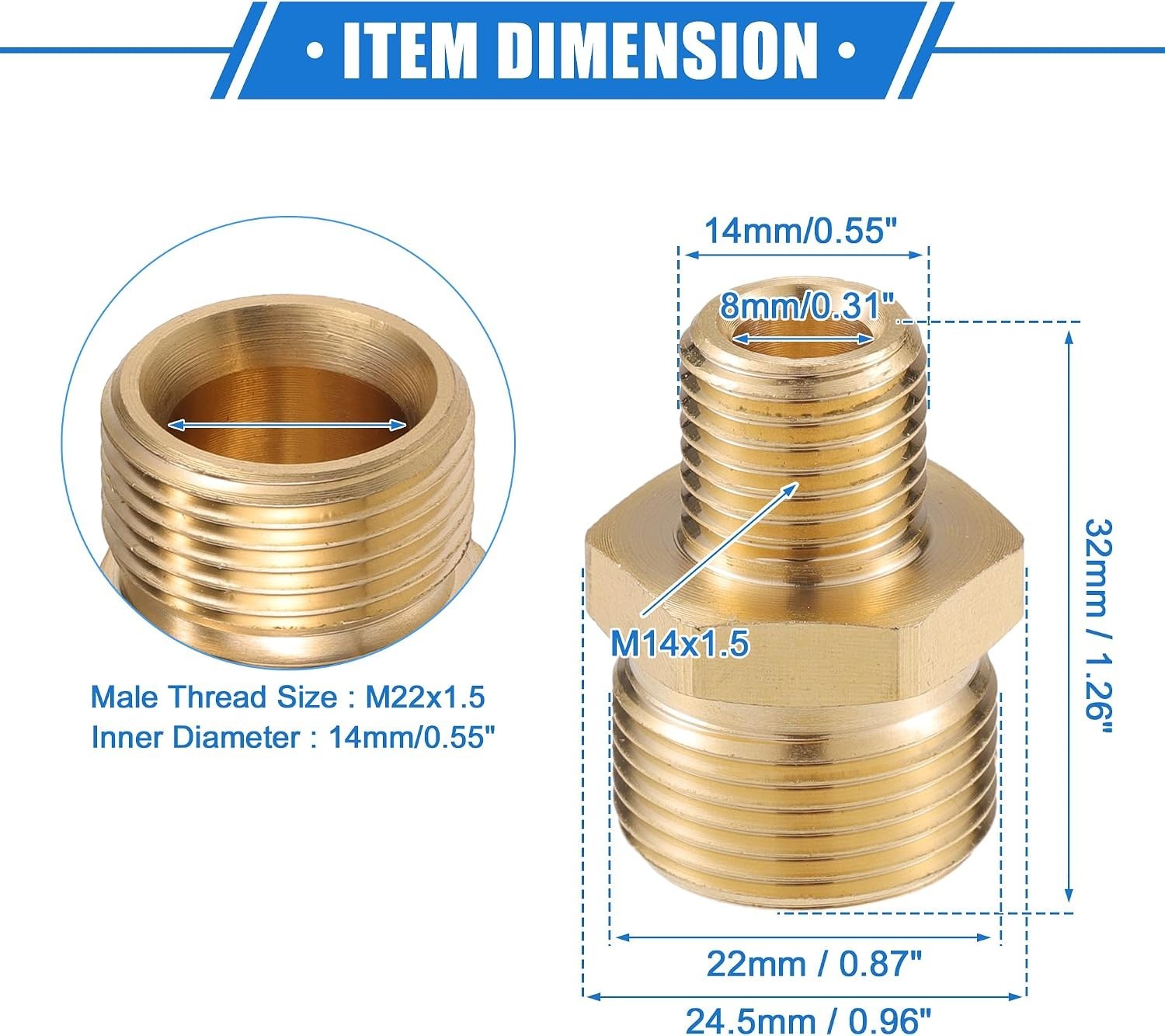 Pressure Washer Connector M14x1.5 to 14mm M22x1.5 Male Brass Adapter 1pc