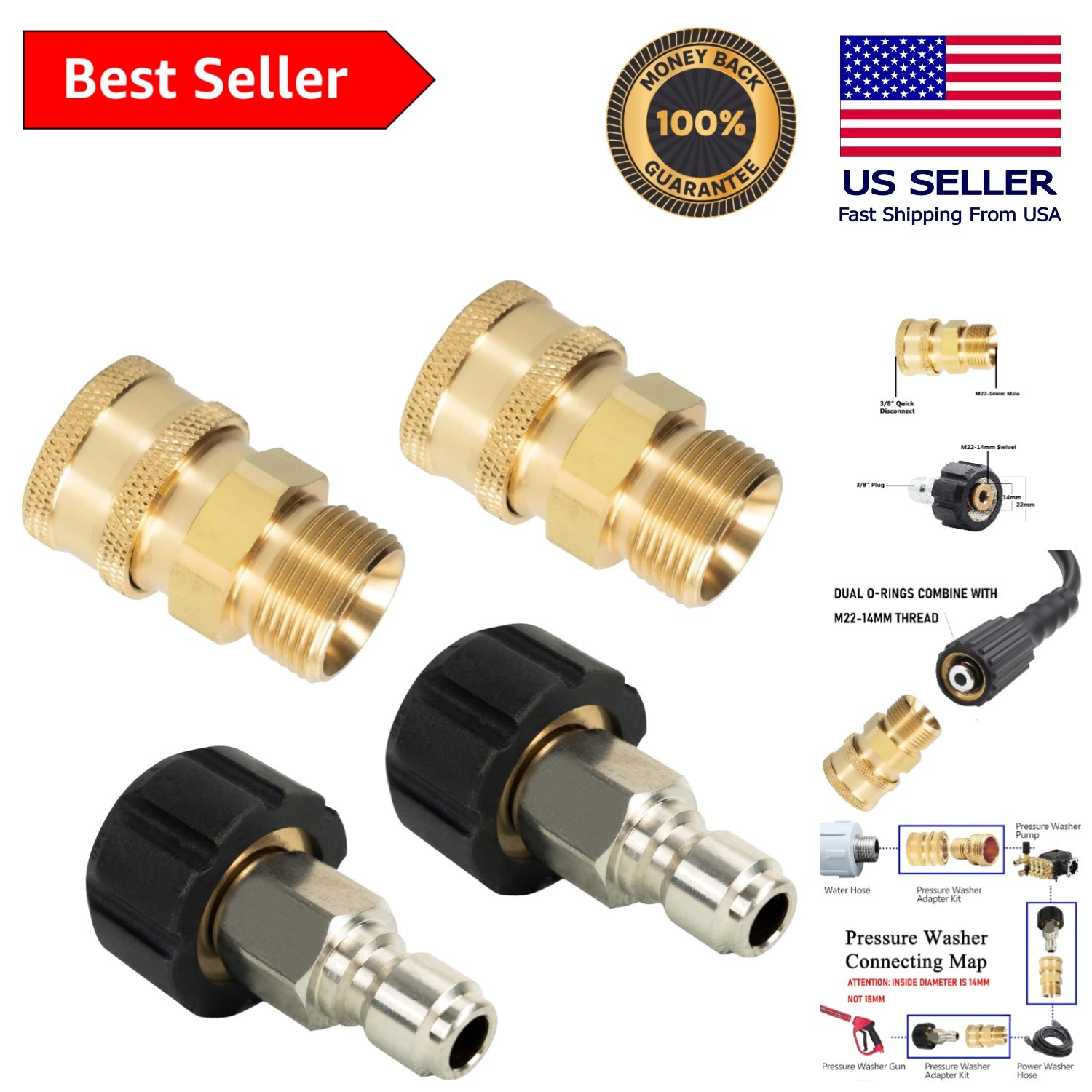 Durable Brass Quick Connect Kit for Pressure Washers – 4 Pack, Leak-Free Design
